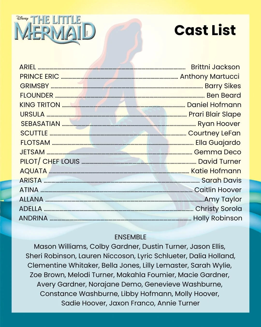Look at this cast... isn't it neat? 🐚🔱

The wait is finally over! We are so proud to announce the talented individuals who will be bringing The Little Mermaid to life this season. From our favorite mermaid to the most devious sea witch, this cast i