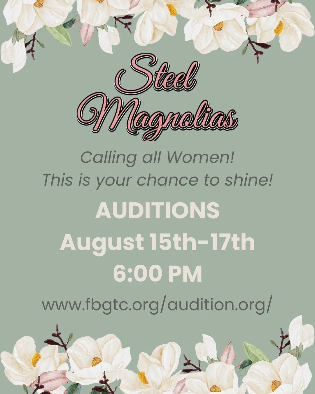 🌸 Laughter. Tears. Friendship. Hairspray. 🌸

What more could you ask for?

Auditions for Steel Magnolias are happening soon, and we&rsquo;re looking for the incredible actors who will bring this beloved story to life.

If you&rsquo;ve ever dreamed 