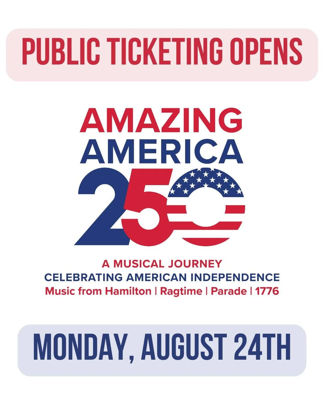 This one weekend event is filling up quick! 🎟️ 🎟️ 🎟️ 
Make sure you grab your seats for AMAZING AMERICA 250 🇺🇸 💥 , opening September 11th.

Donor ticketing is wrapping up and public ticketing begins Monday morning at 9AM. 

📞 Call 830.997.3588