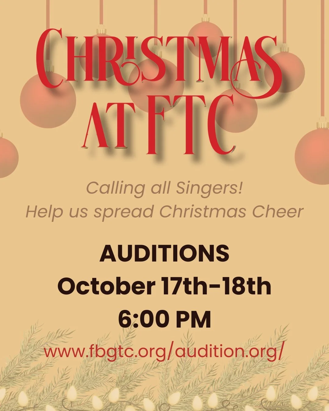 🎄🎶 AUDITIONS ARE COMING! 🎶🎄

Ready to get into the holiday spirit? We&rsquo;re looking for talented singers and performers to join us for Christmas at FTC, directed and musically directed by Ryan &amp; Caitlin!

📅 Auditions: Saturday &amp; Sunda