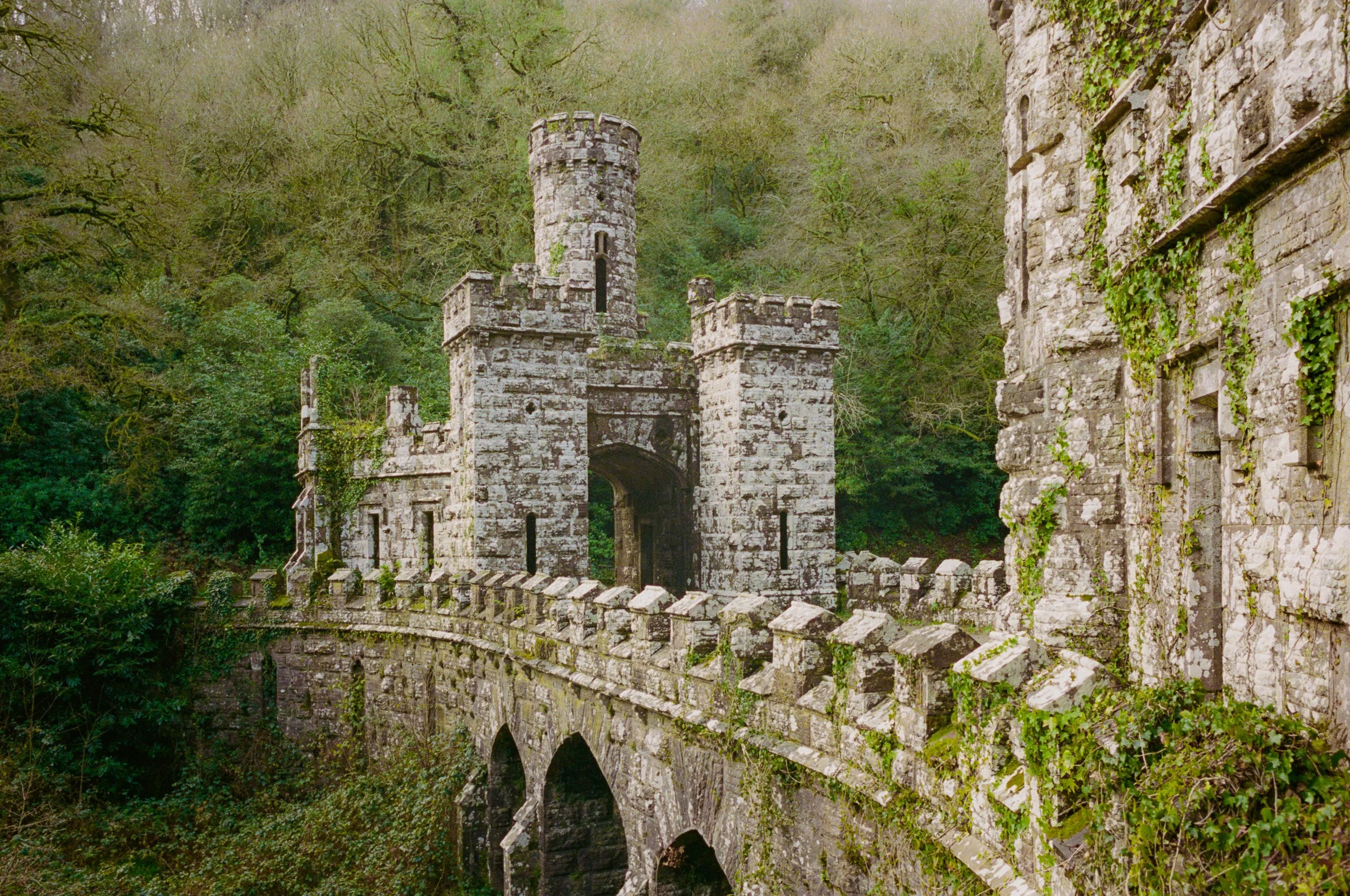 The ivy-covered gothic towers and arched bridge of Ballysaggartmore stand in green woodland near Lismore, County Waterford, Ireland.