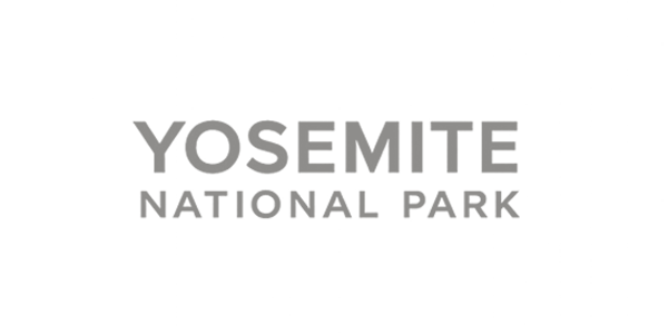 Yosemite National Park logo with black background, gray text