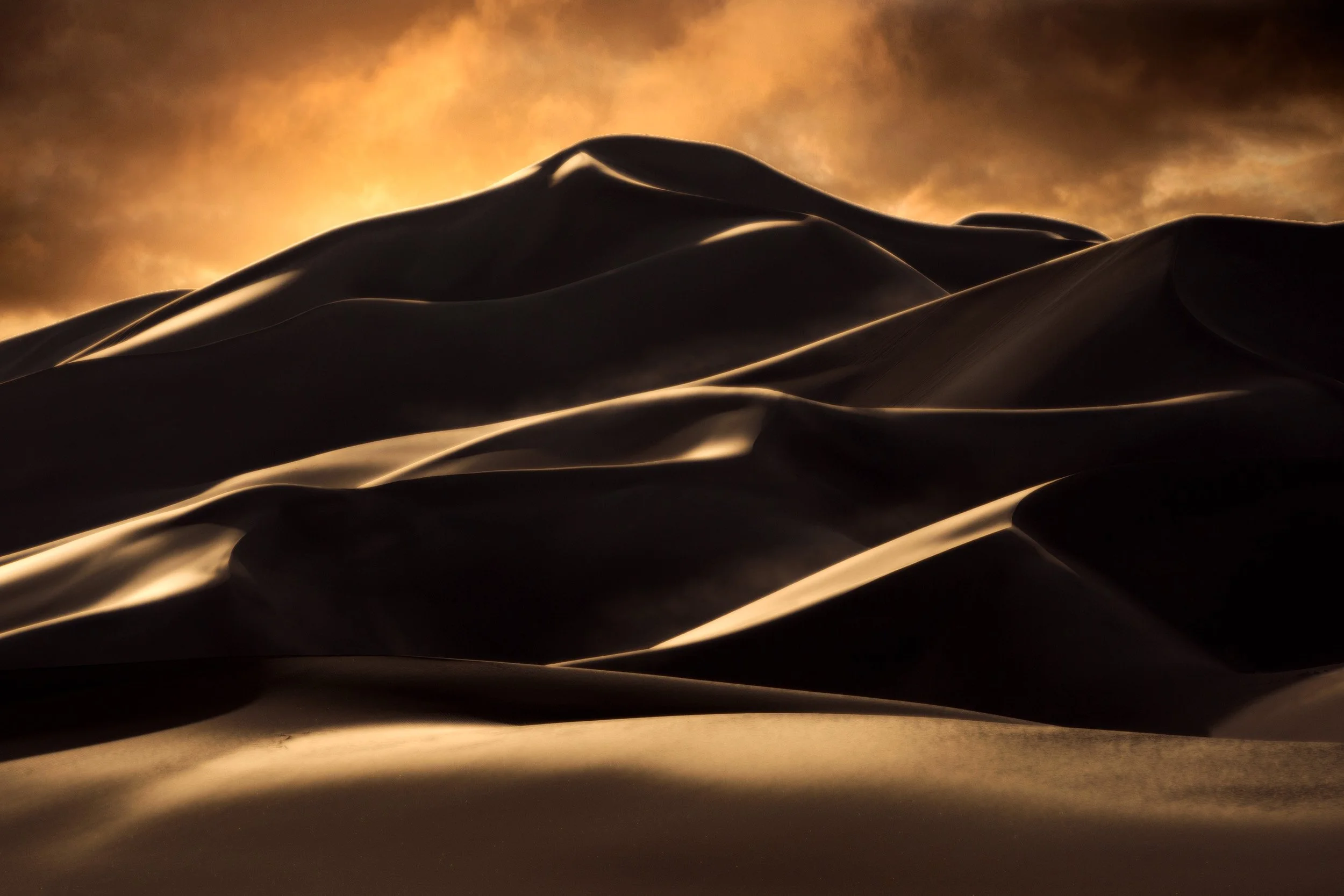 Wind-sculpted dune ridges catch the last gold light under storm clouds at Great Sand Dunes National Park, Colorado.