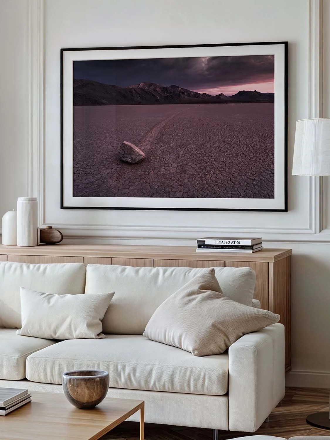 Framed fine art print of the Racetrack Playa sailing stones at dusk, Death Valley, hung above a cream sofa in a bright living room