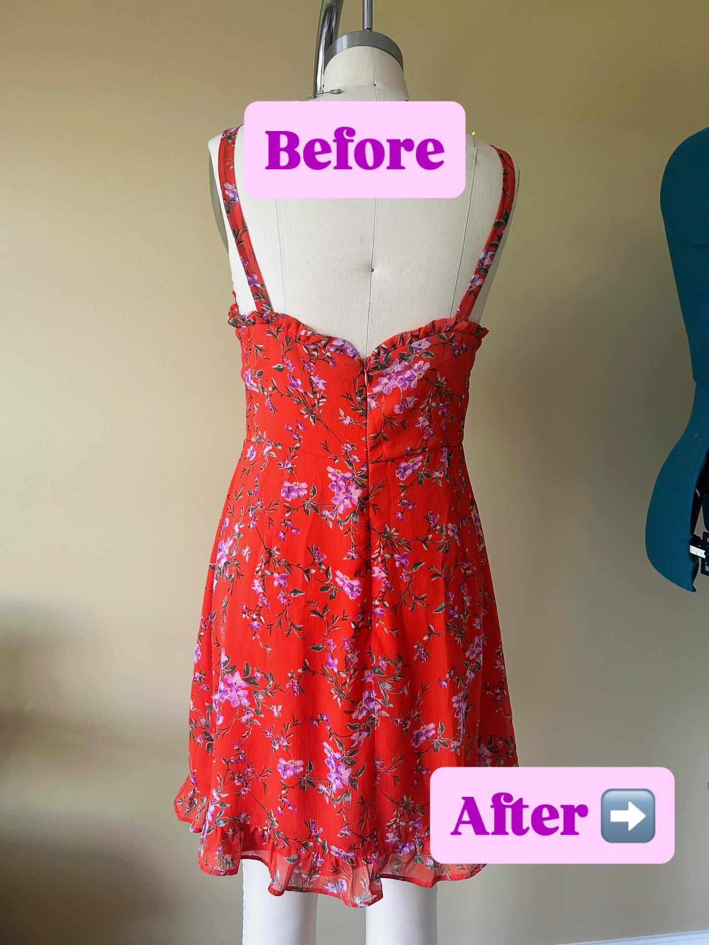 Added a corset back with boning to this adorable summer dress for a client with broad shoulders. Not only is it super on trend, but it fits so beautifully now!