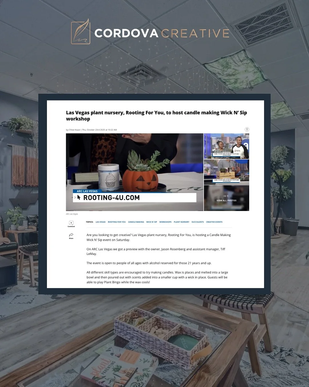 Visibility looks good on you, @rootingforyoulv 🌿
Our friends at Rooting For You were featured on ARC Las Vegas, showing off their dreamy plant nursery and event space promoting their recent Wick N&rsquo; Sip candle-making night.

And seriously&helli