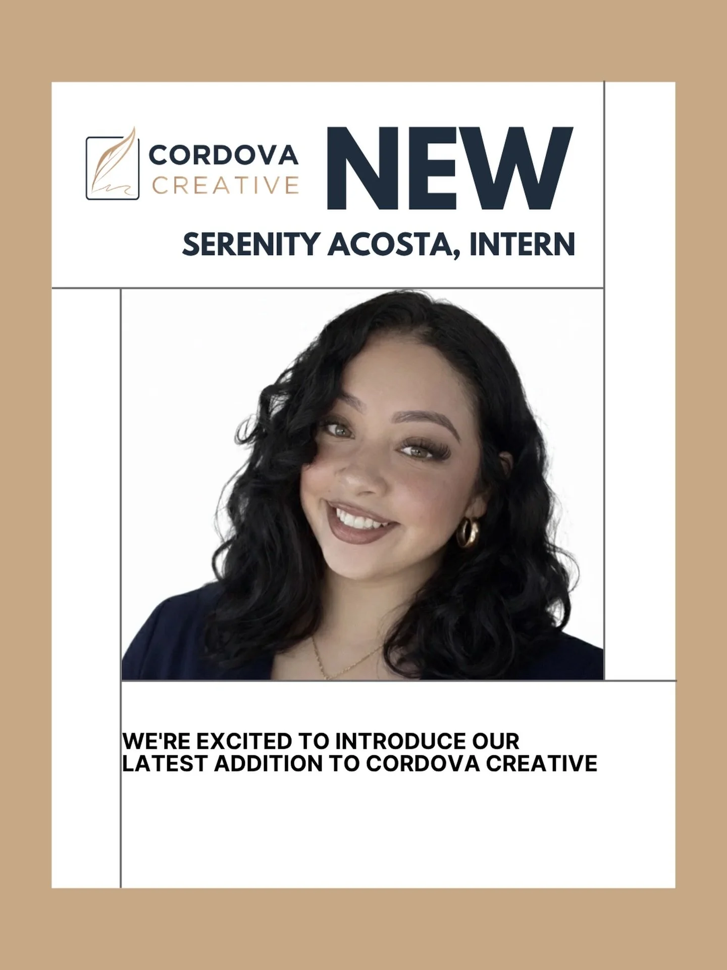 Please meet Serenity Acosta, our newest intern at Cordova Creative.

Serenity is currently studying at Nevada State University, where she is majoring in Communications with a focus on Media and minoring in Psychology.
She is passionate about media, c