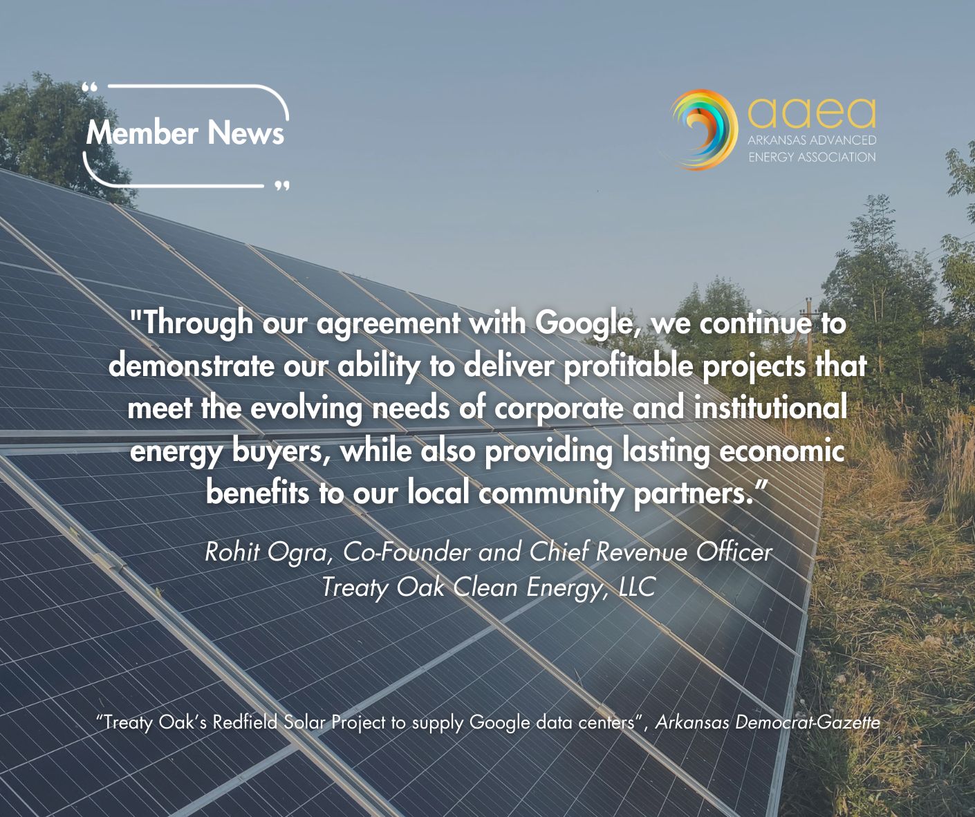 News Release: Treaty Oak Clean Energy and Google Enter into a Long-Term Power Purchase Agreement of 100 MW of Solar Energy in Grant County, Arkansas