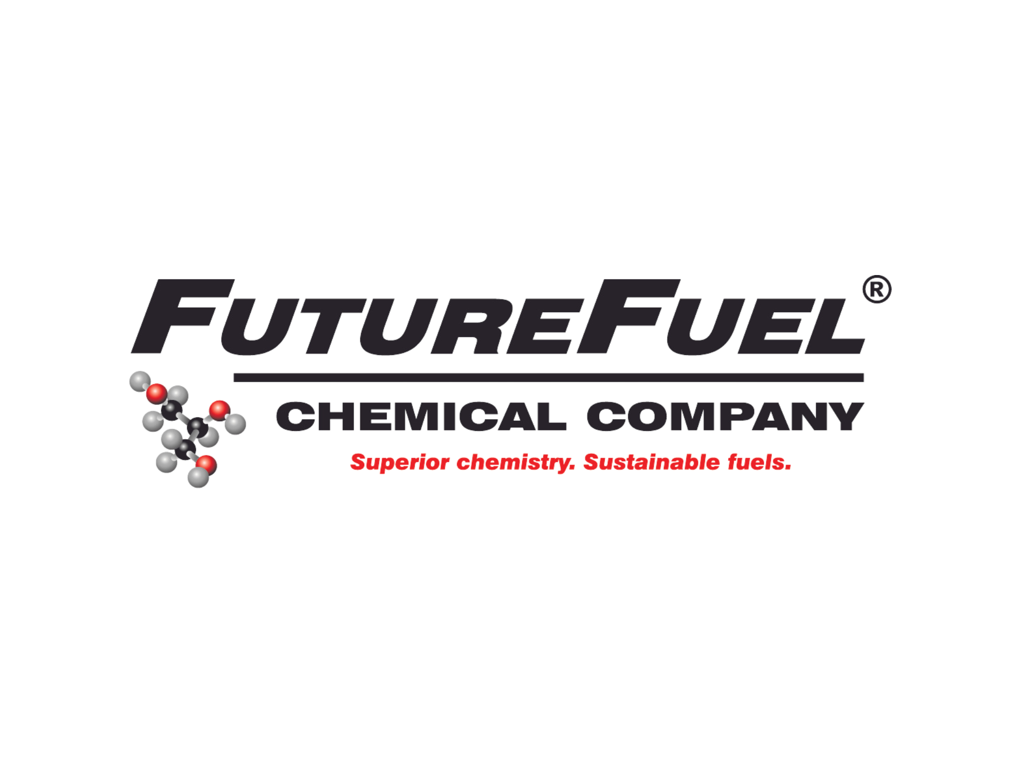 FutureFuel Chemical Company logo with a molecular structure and slogan 'Superior chemistry. Sustainable fuels.' in red.