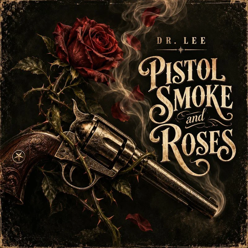 The Tales of Pistol Smoke and Roses album cover. Original lyrics by Penny Lee Browning.