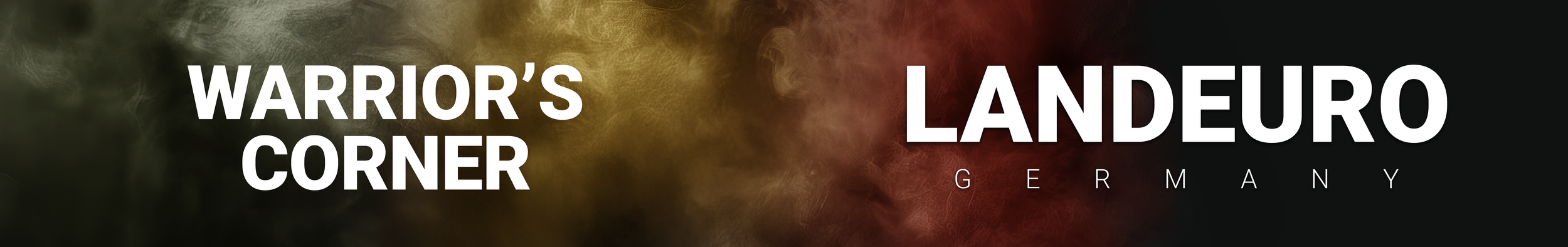 Text on a dark background reading "WARRIOR'S CORNER" on the left and "LANDEURO GERMANY" on the right, with a smoky colored background.