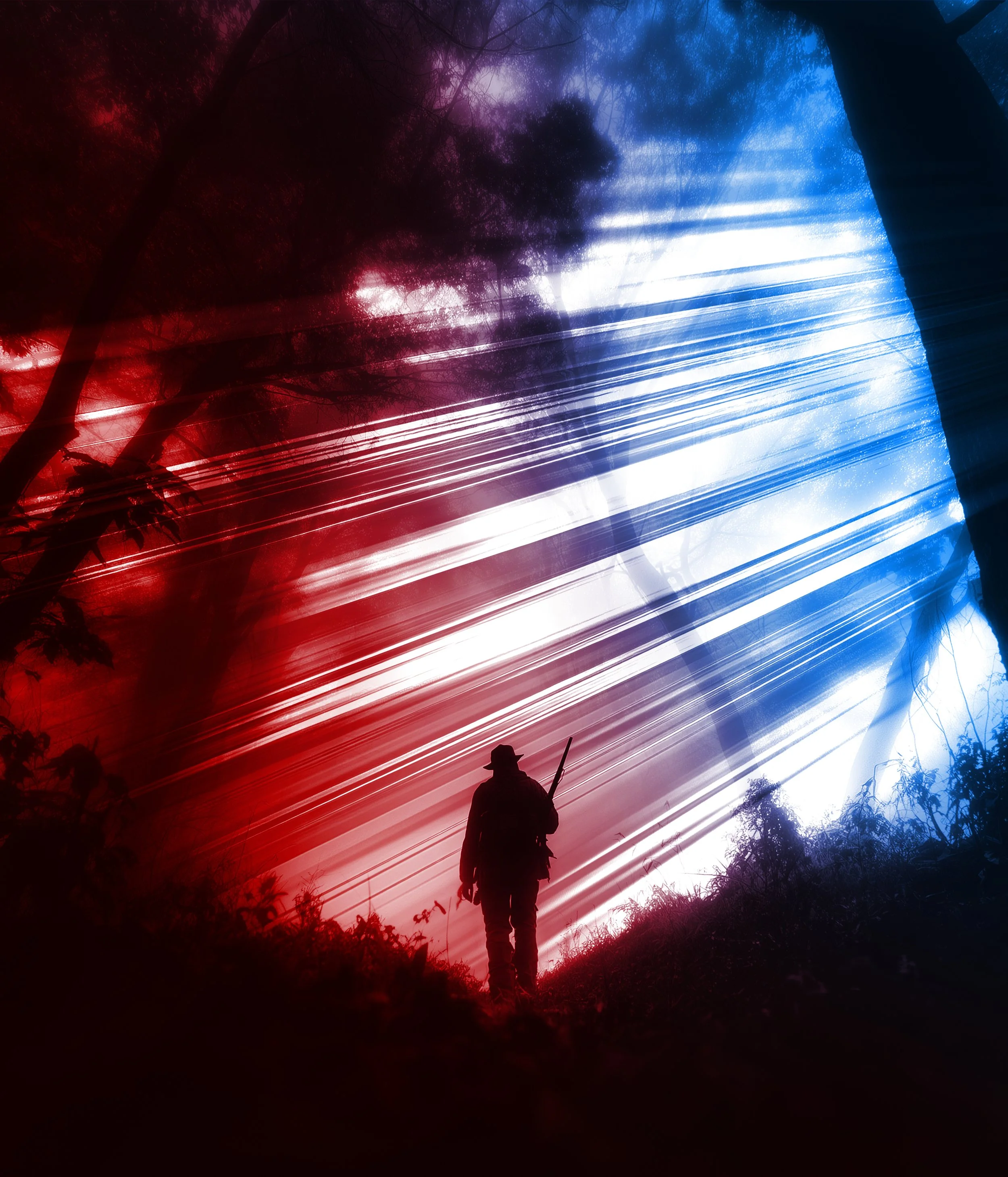 A silhouette of a person with a backpack and walking stick walking through a dark, misty forest at night with blurry streaks of red, blue, and white light.