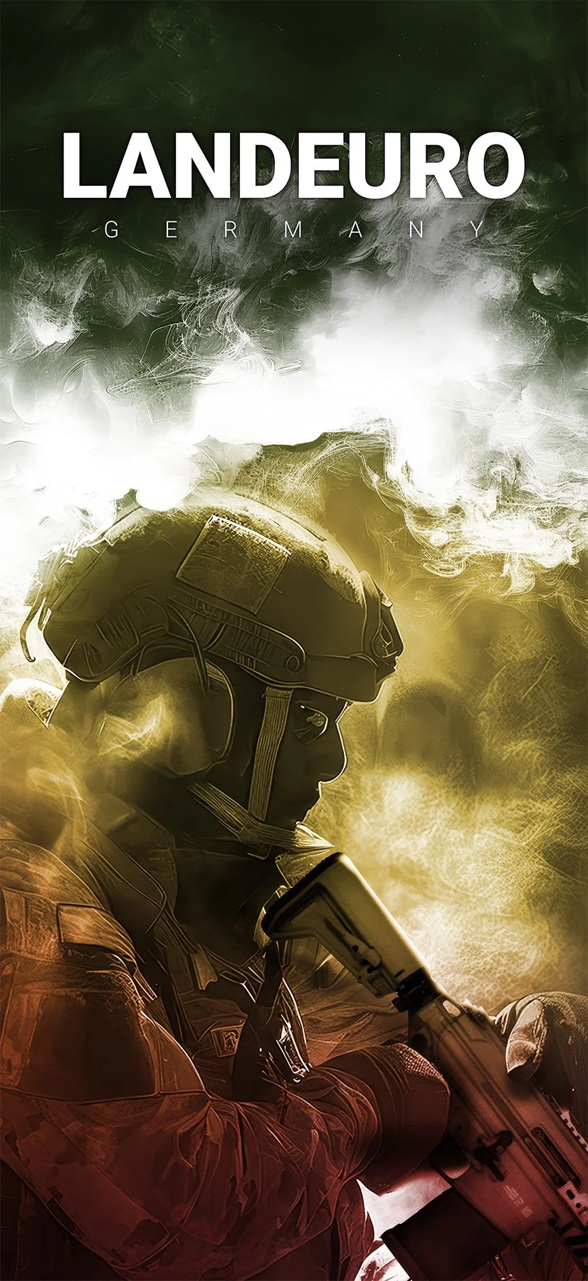 A soldier in tactical gear holding a gun, with smoke and abstract effects in green, white, yellow, and red colors background; text reads "LANDEURO GERMANY".