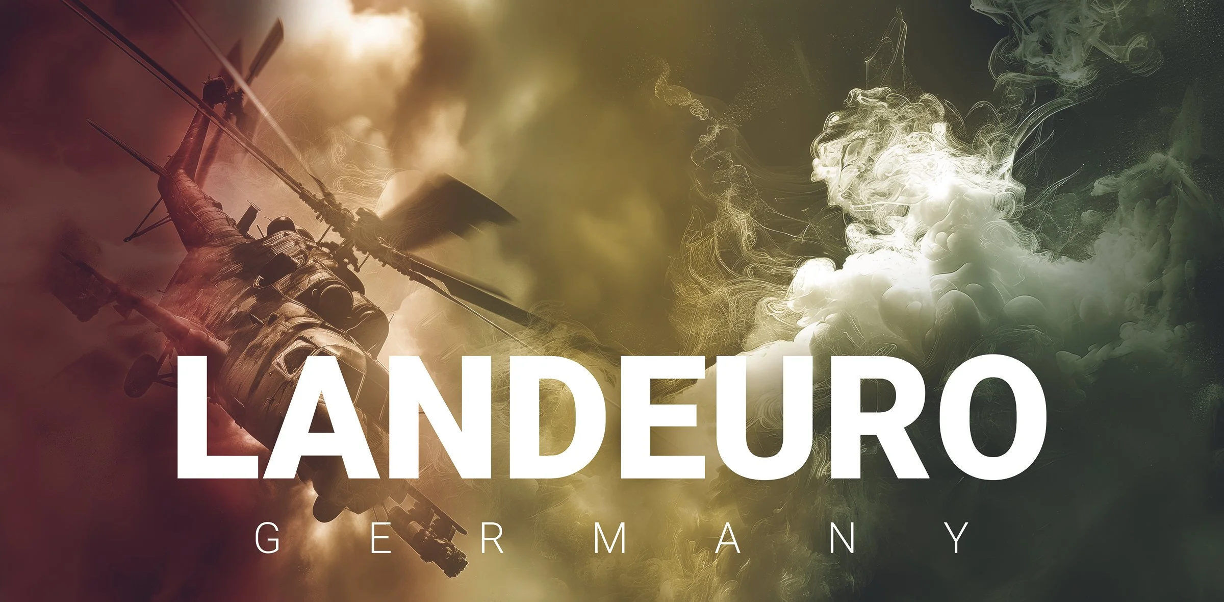 A helicopter flying through a cloudy sky with the word Landeiro and Germany written at the bottom.