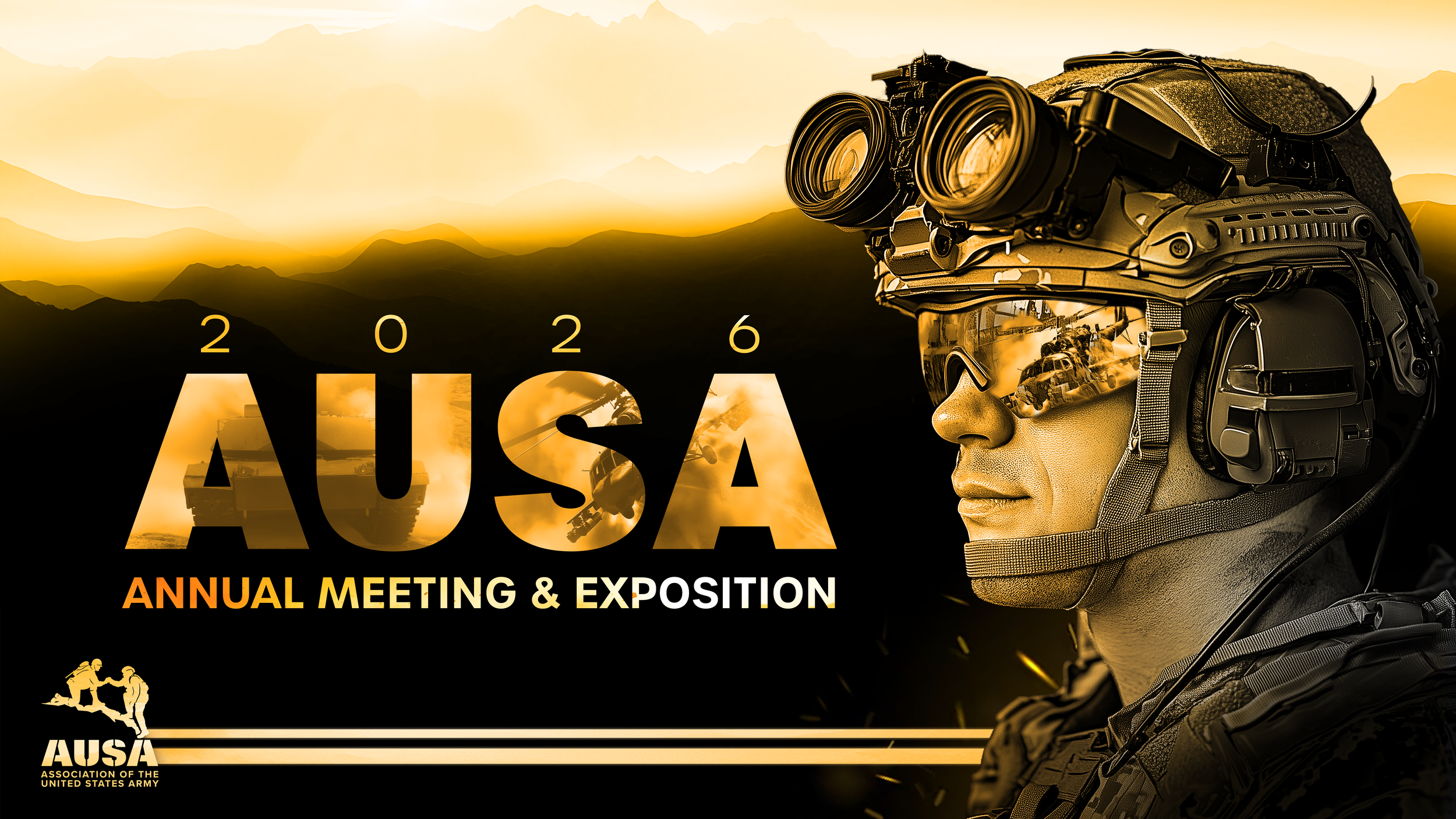 An advertisement for the 2026 AUSA Annual Meeting & Exposition features a soldier wearing tactical gear and night-vision goggles, with images of military trucks and helicopters in the background and the event details and logo at the bottom.