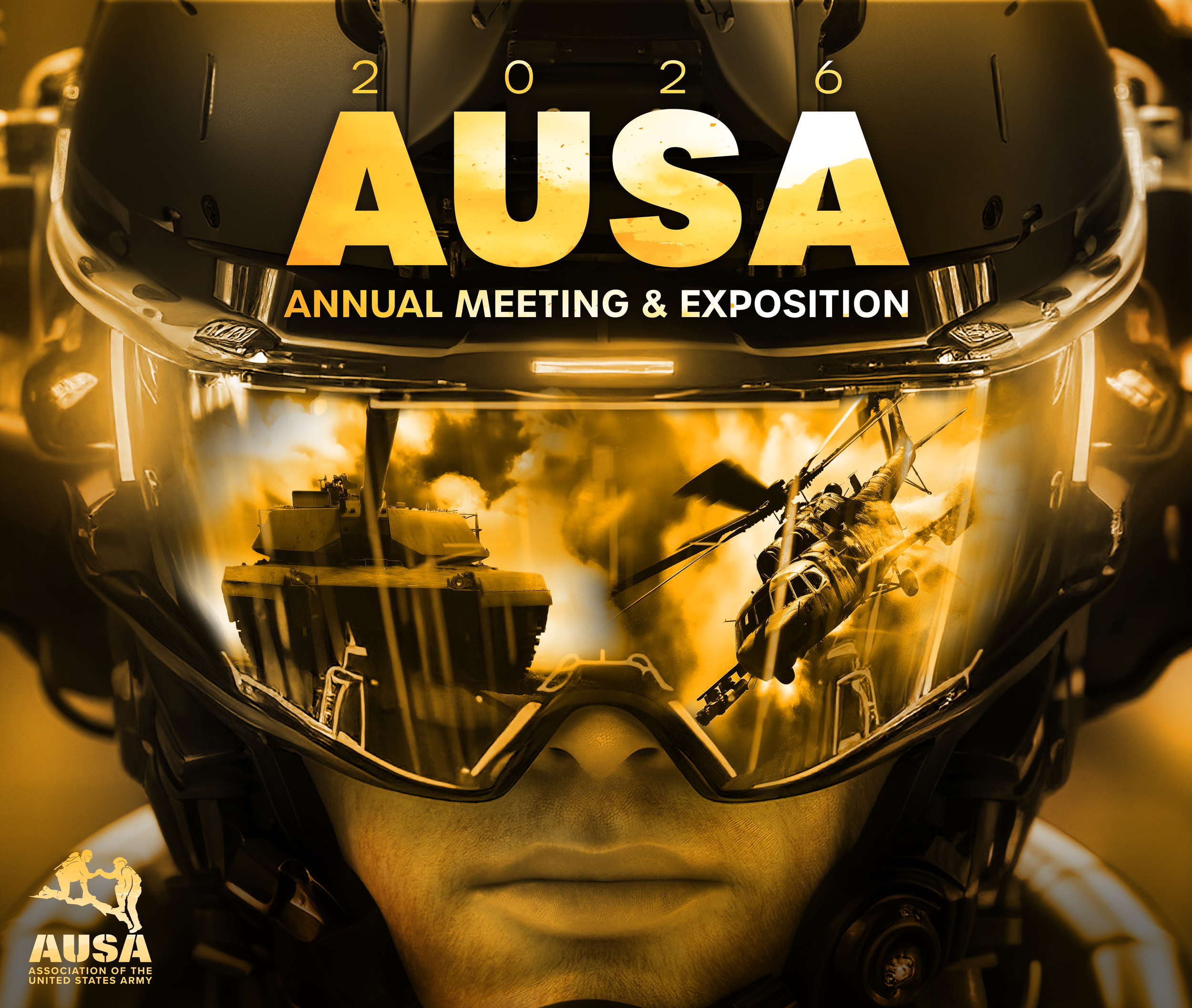 Close-up of a motorcycle helmet with a reflection of a sunset or fiery sky in the visor, and overlay text reading '2026 AUSA ANNUAL MEETING & EXPOSITION' with additional logos and text at the bottom indicating the Association of the United States Army.