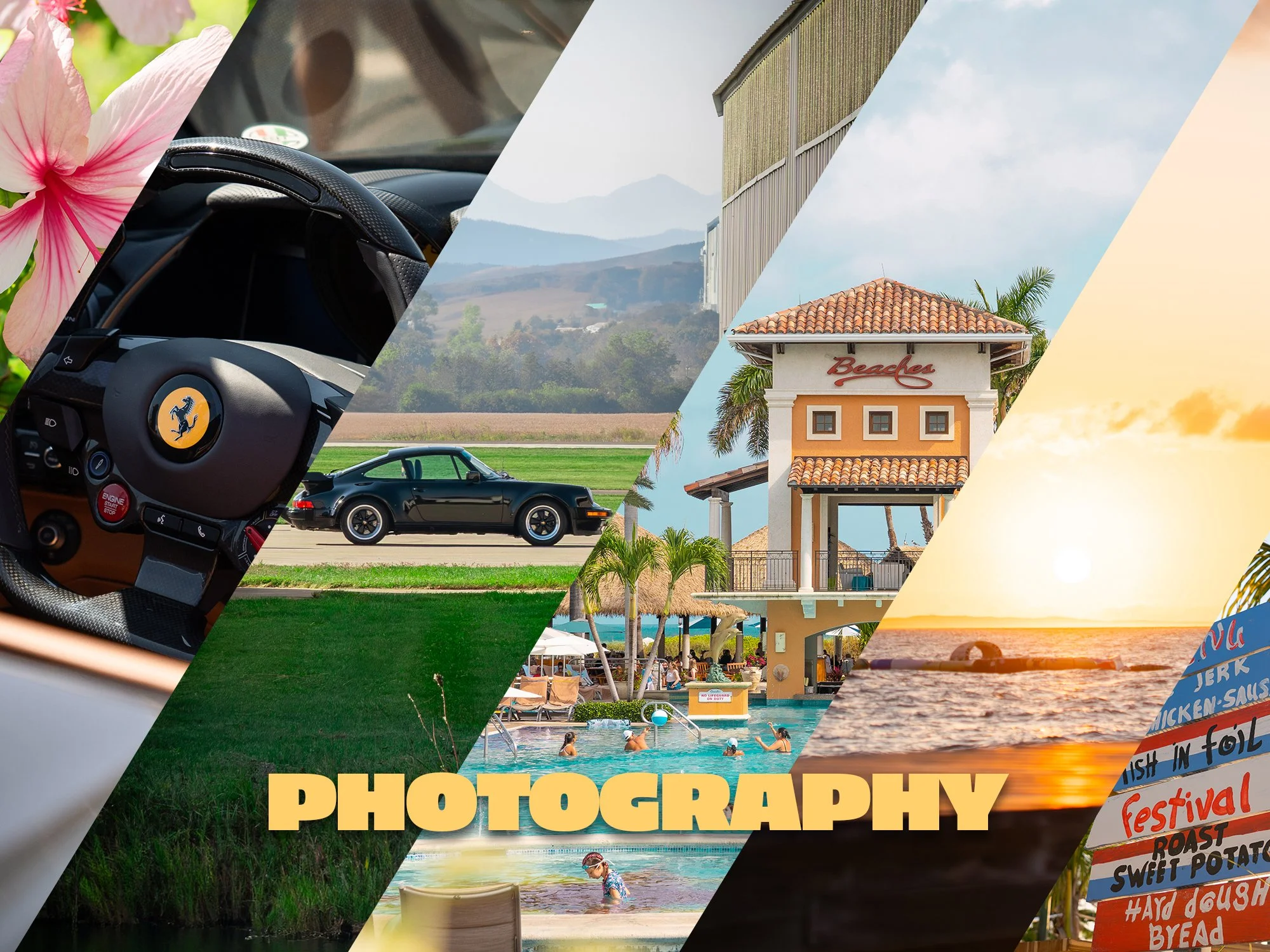 A collage of various scenes including a pink hibiscus flower, the interior of a Ferrari sports car, a landscape with mountains, a building with the sign 'Beaches', a swimming pool with people, and a sunset over the ocean.