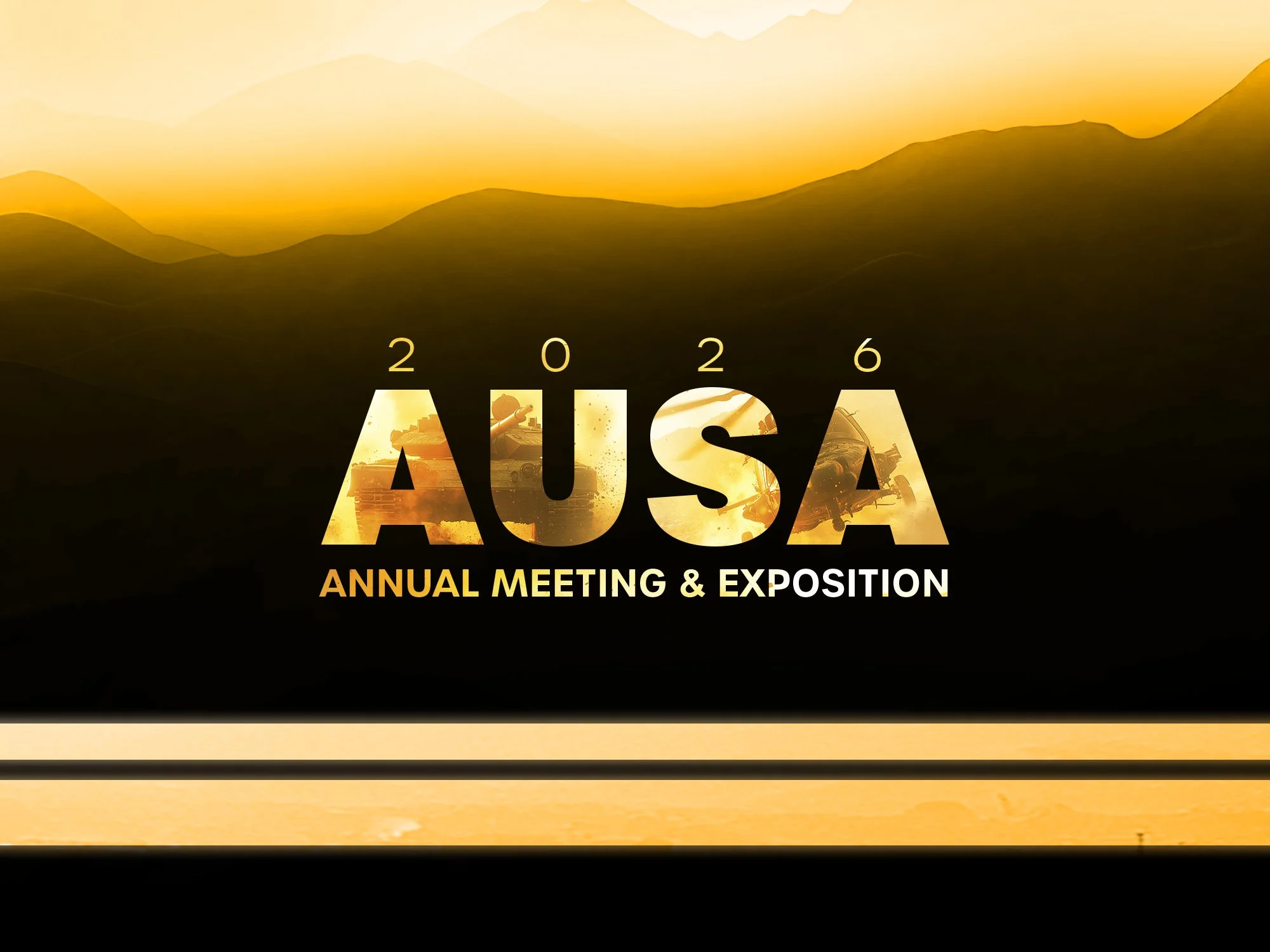 Digital graphic promoting the 2026 AISA Annual Meeting & Exposition, featuring a sunset or sunrise over mountains, with silhouettes of military tanks and aircraft within the text.