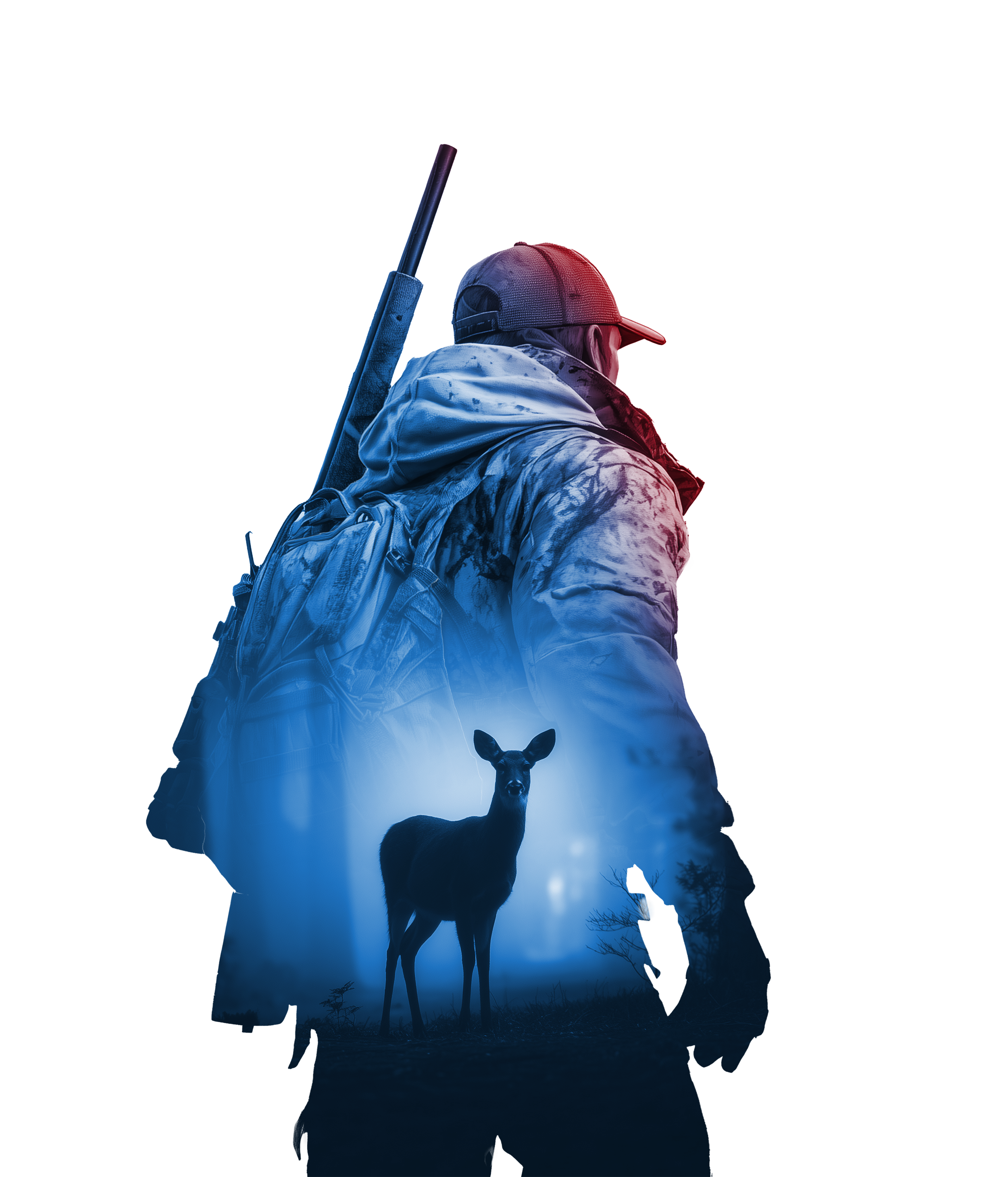 Silhouette of a hiker with a backpack and cap, a dog standing on the ground, and a night sky with trees in the background.