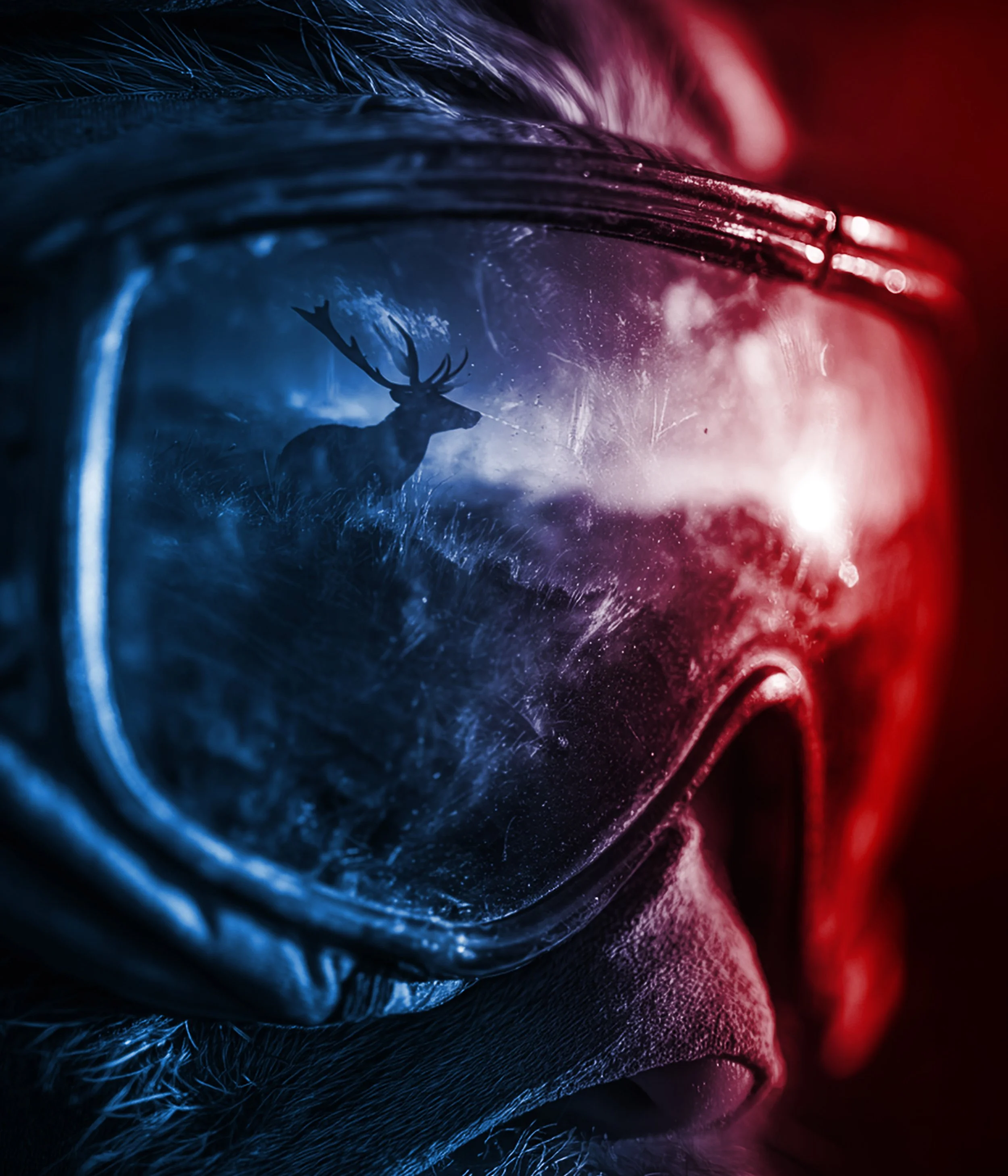 Close-up of a person's eye with a reflection of a deer in the pupil, illuminated by blue and red lighting.