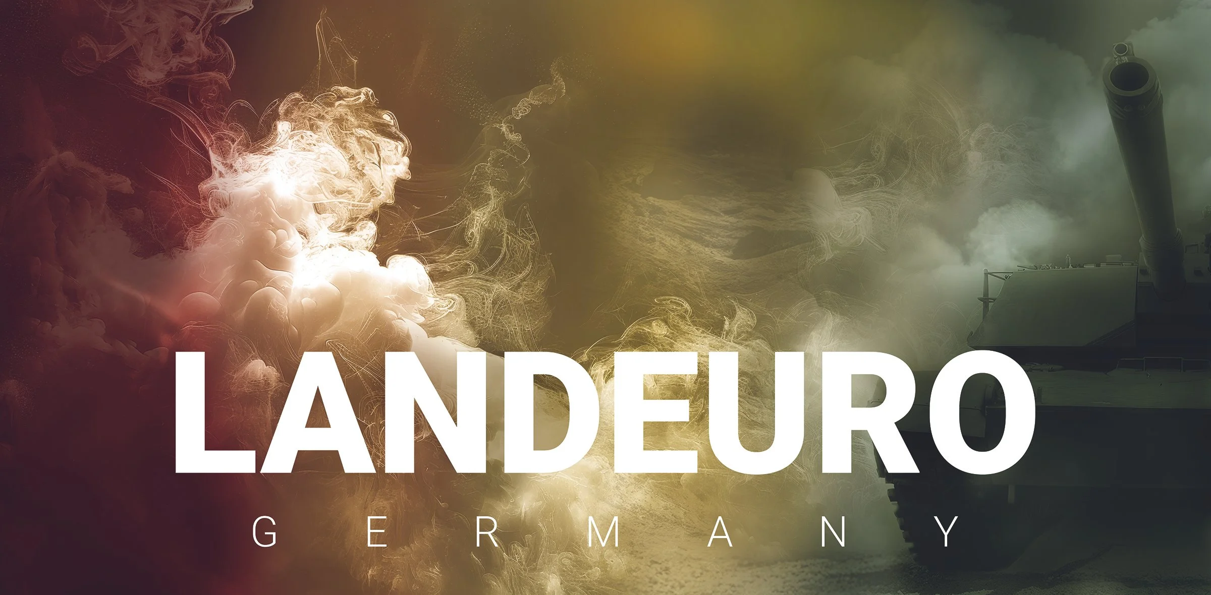 Image depicting an atomic cloud explosion with a military tank on the right side, overlaid with the text LANDO Germany.