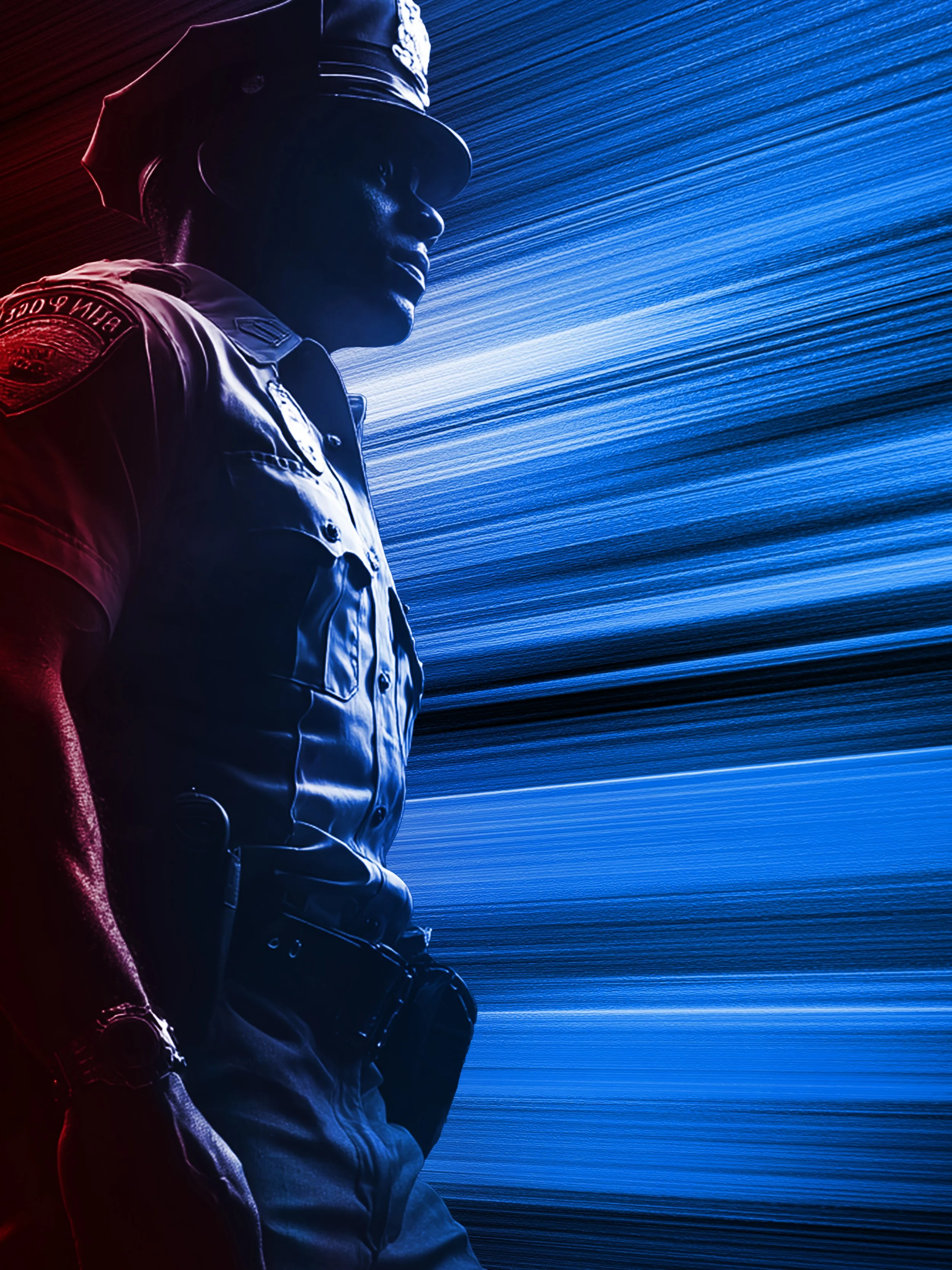 A police officer in a uniform and hat with a badge, looking to the right against a background of blue light streaks.