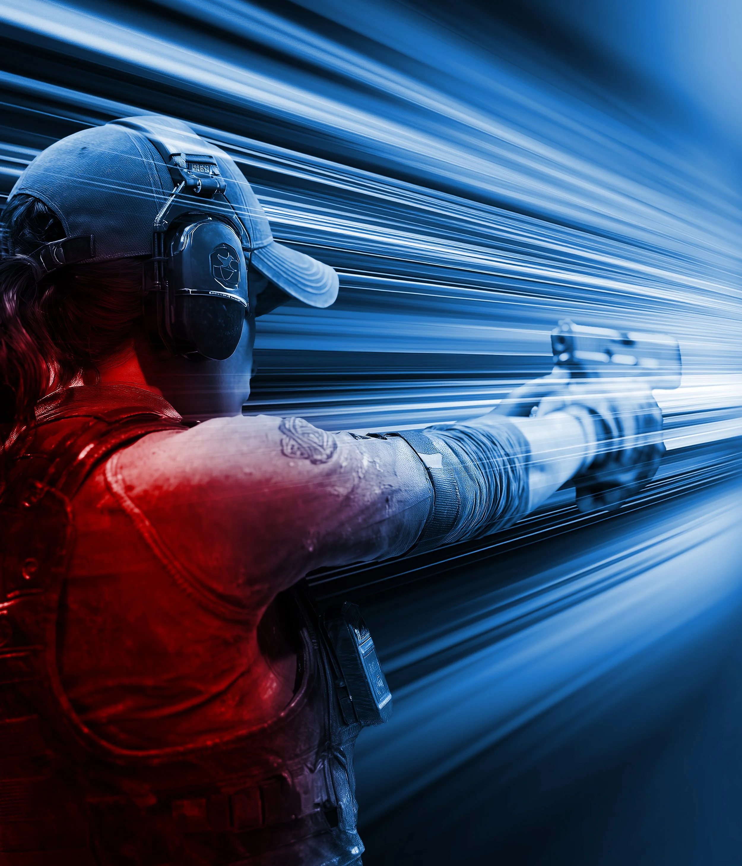 A person wearing a helmet and red jacket, aiming a gun, with blue light streaks in the background.