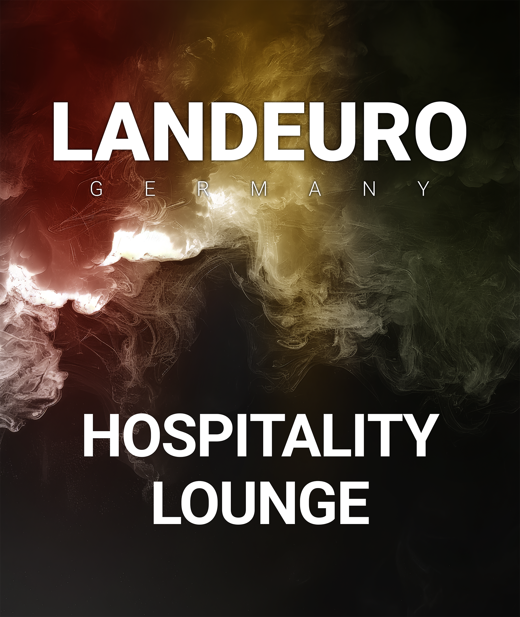 Text reading 'Landero Germany Hospitality Lounge' over a smoky, abstract background with shades of red, yellow, black, and green.