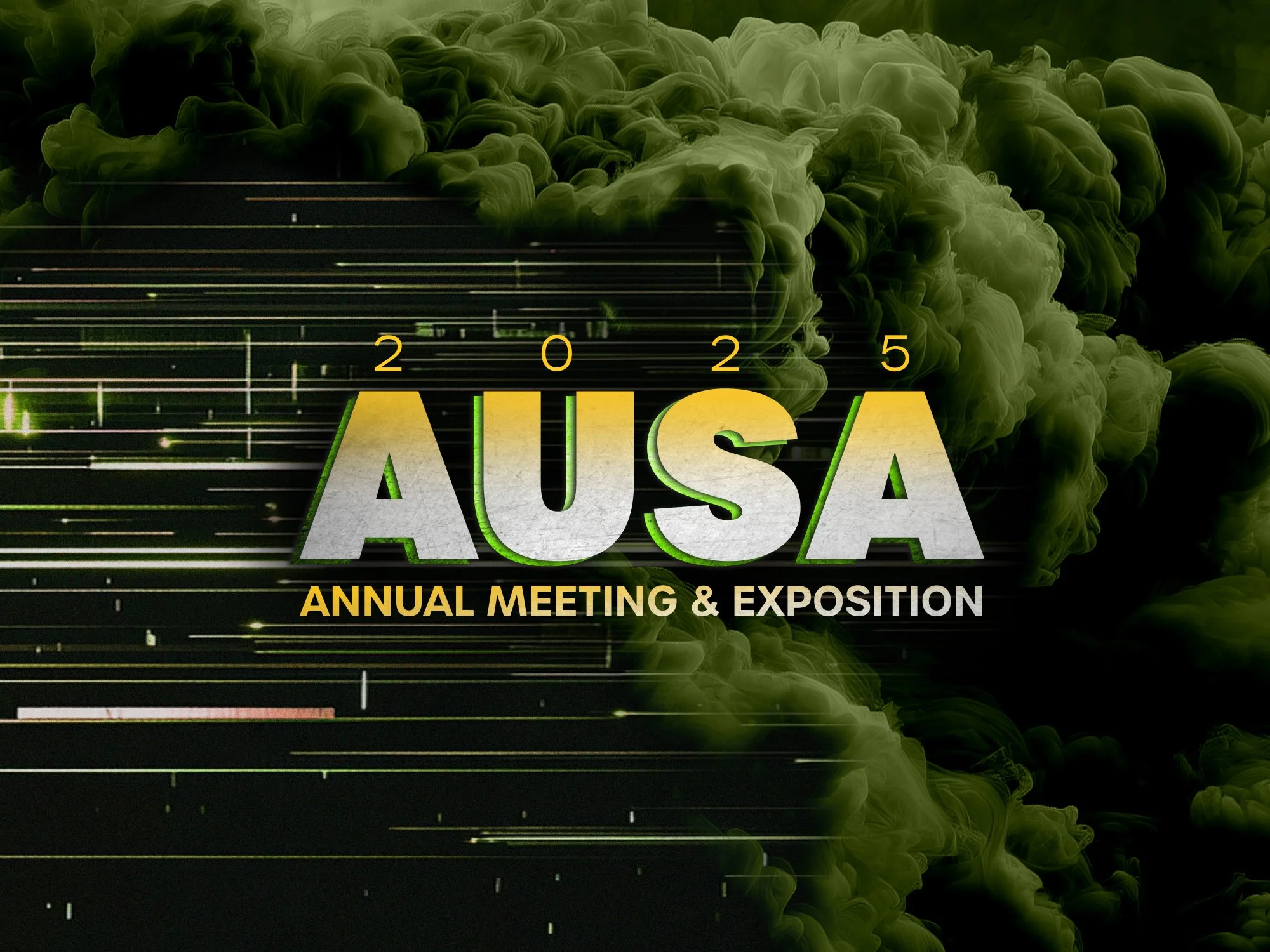 A promotional poster for the 2025 AUSA Annual Meeting & Exposition featuring swirling green smoke and the event title in bold letters.