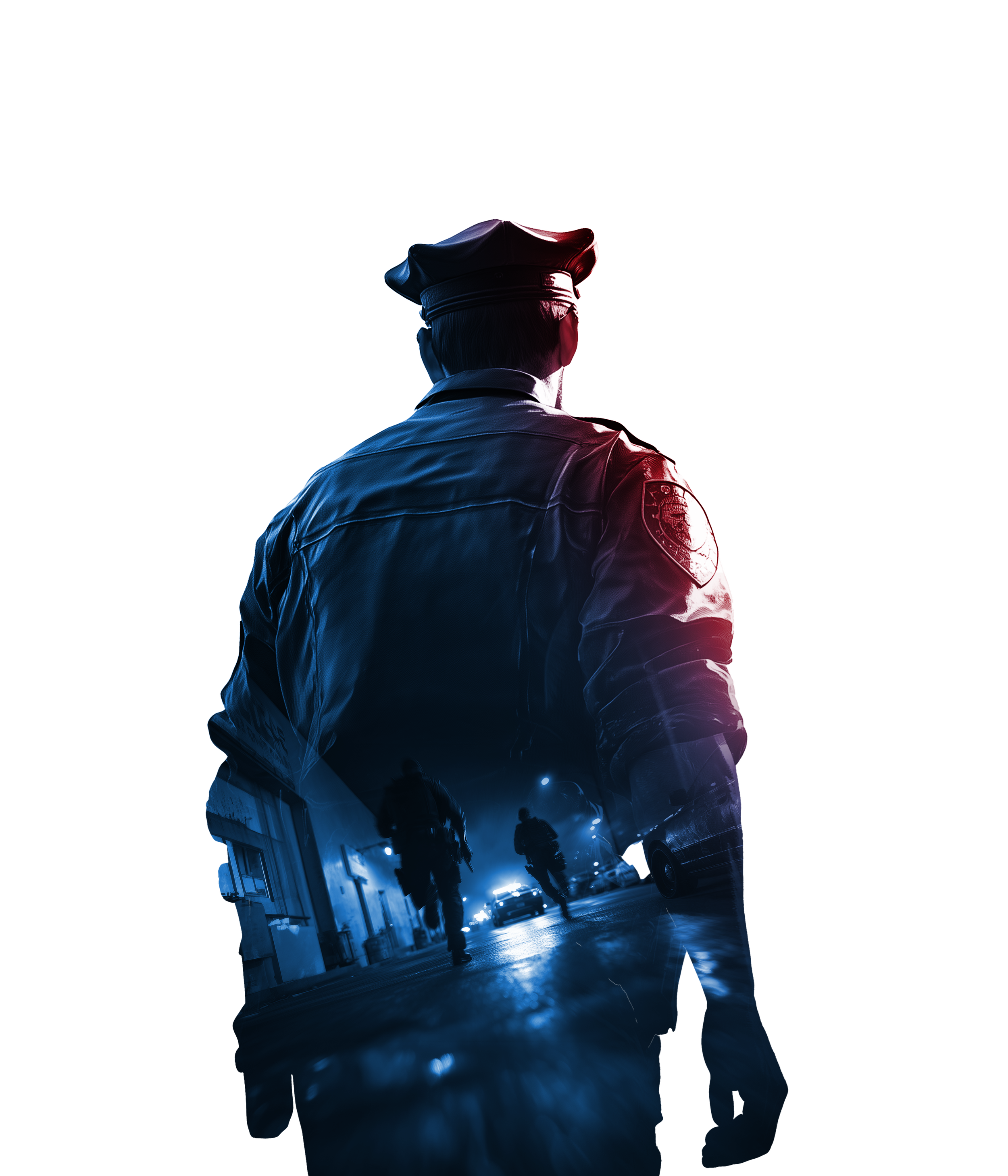 A police officer wearing a cap and uniform is positioned outside at night, with a street scene reflected on its back. The background shows a city street illuminated by blue-toned streetlights, with people and vehicles visible.