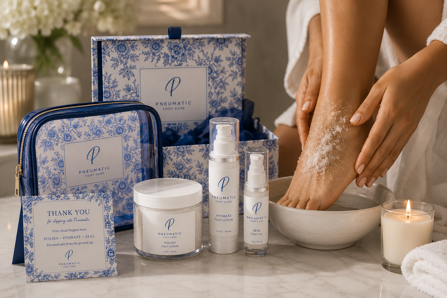 Pneumatic three-step foot care ritual featuring POLISH foot scrub, HYDRATE foot lotion and SEAL foot oil.