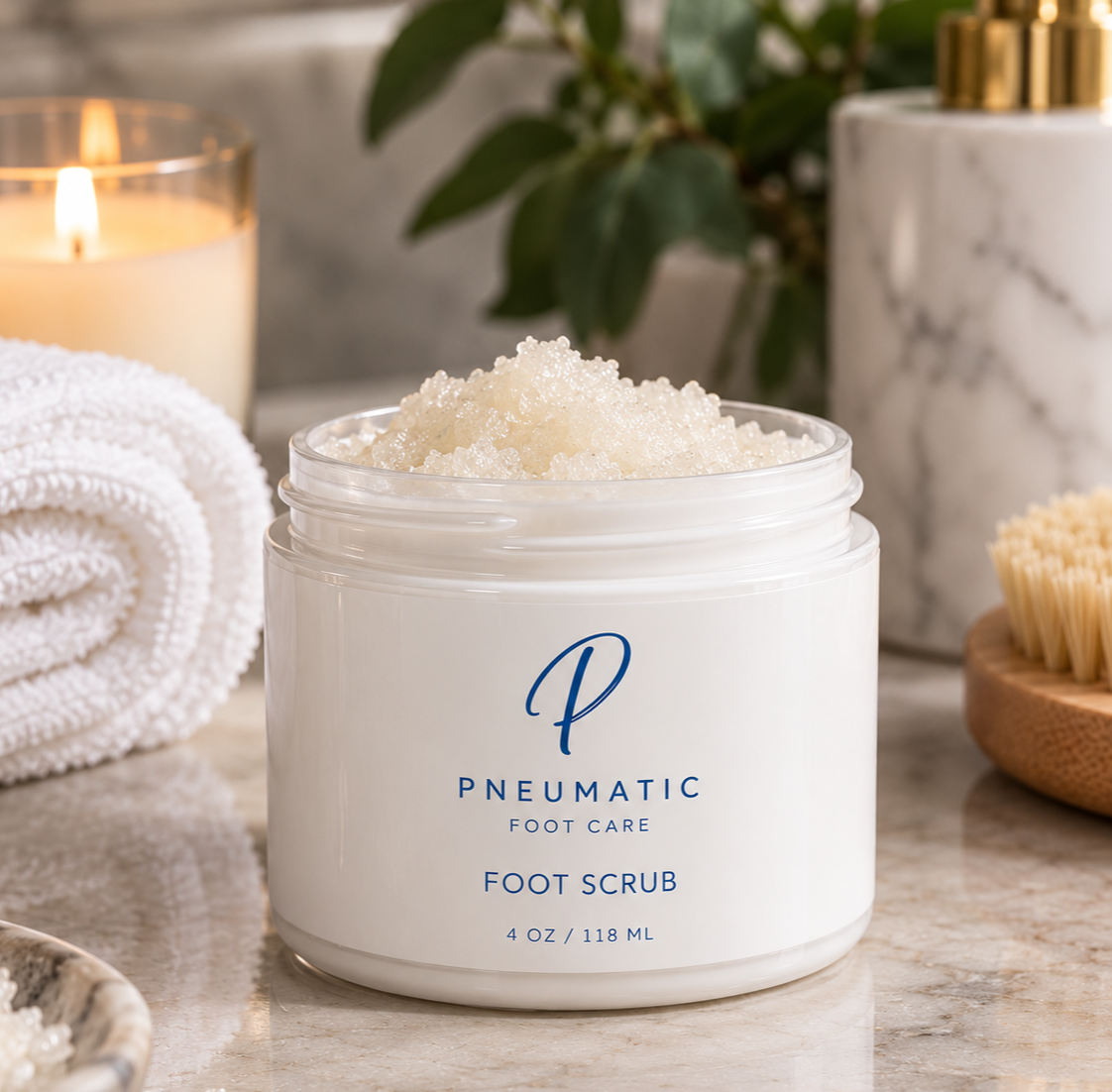 Pneumatic POLISH exfoliating foot scrub in 4 oz jar.