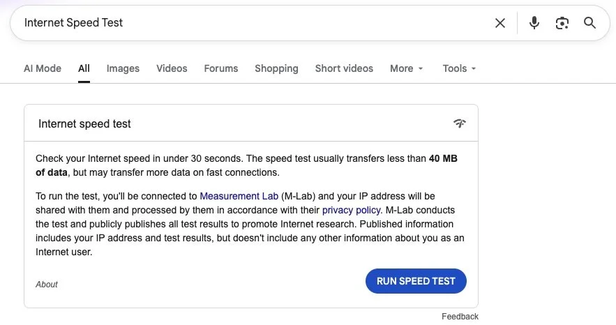 Google's Internet Speed Test tool.