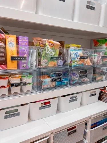 Pantry shelf with organized snack bins containing various snack packs and boxes.