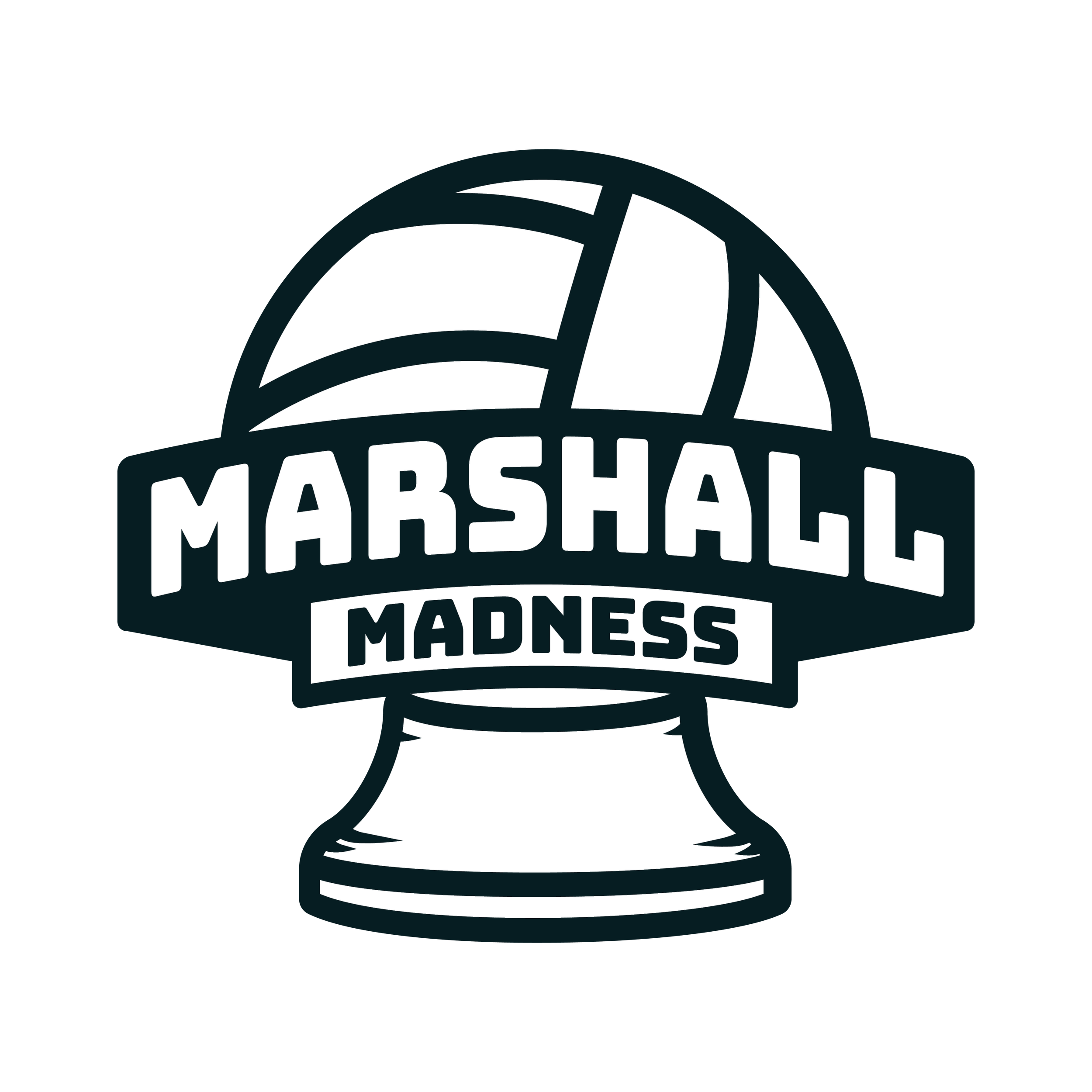 Logo for Marshall Madness featuring a stylized basketball and a trophy base.