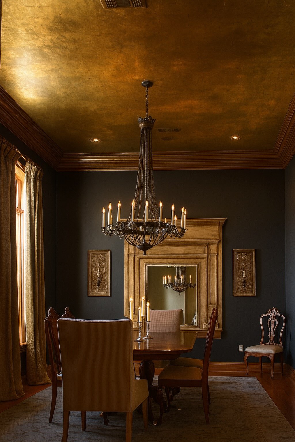 Elegant dining room with dark walls, gold ceiling, chandelier, wooden table, and upholstered chairs, with a large mirror reflecting the chandelier.