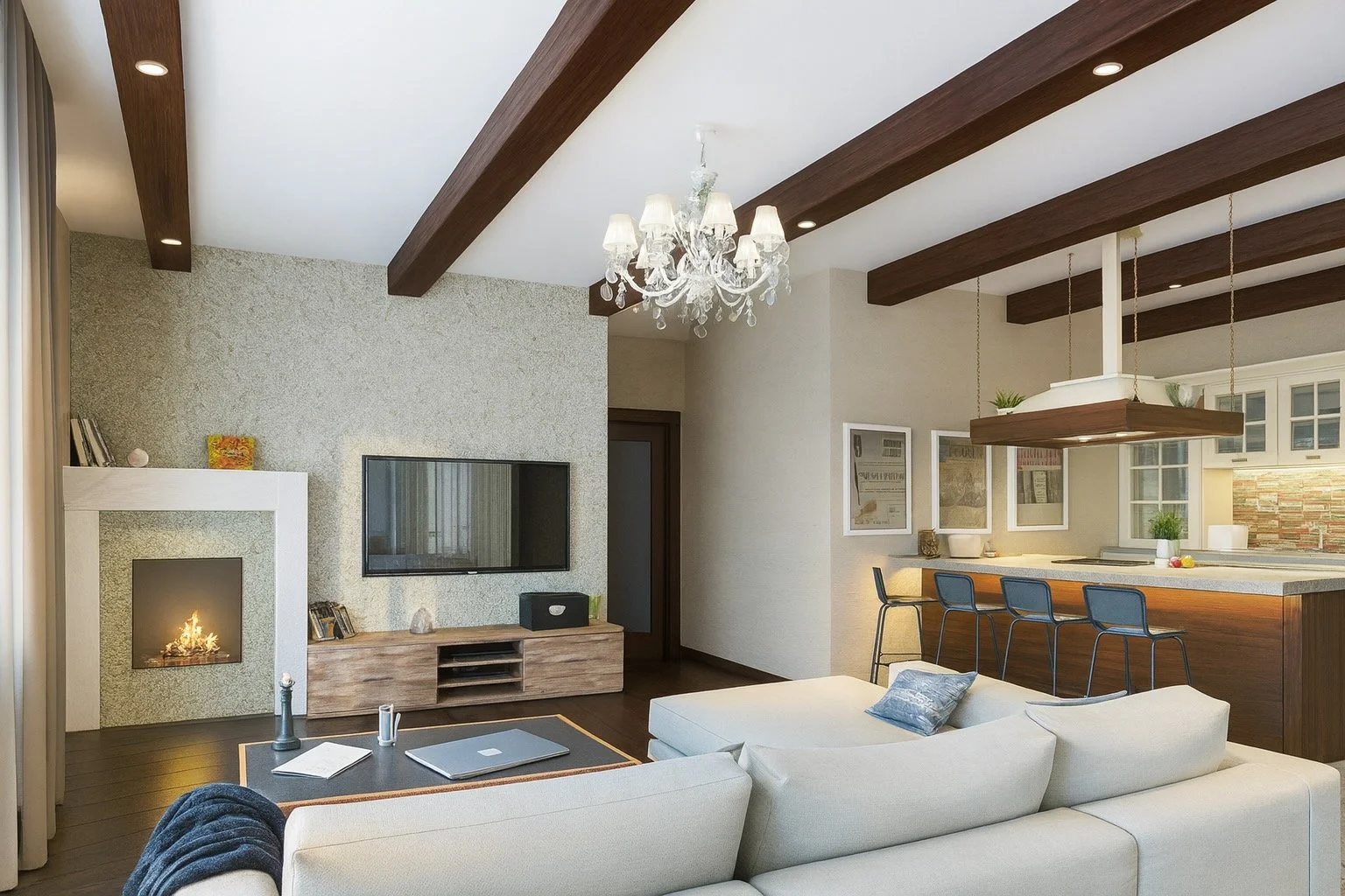Living room with beige sofa, coffee table, wall-mounted TV, fireplace, chandelier, and open kitchen with bar stools.
