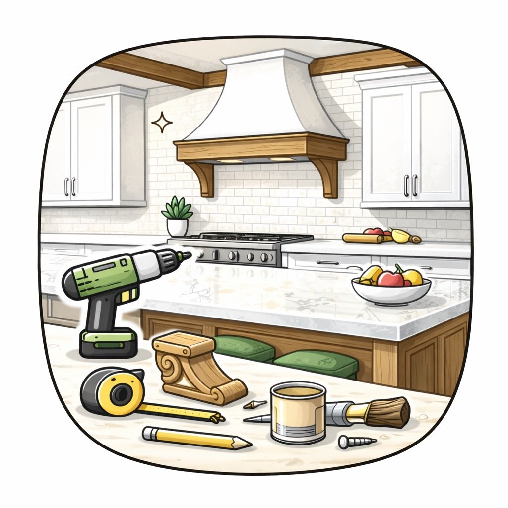Kitchen countertop with tools and supplies, including a cordless drill, tape measure, pencil, screwdriver, paint can, paintbrush, and screws, with a white bowl of apples and a cutting board with vegetables in the background.