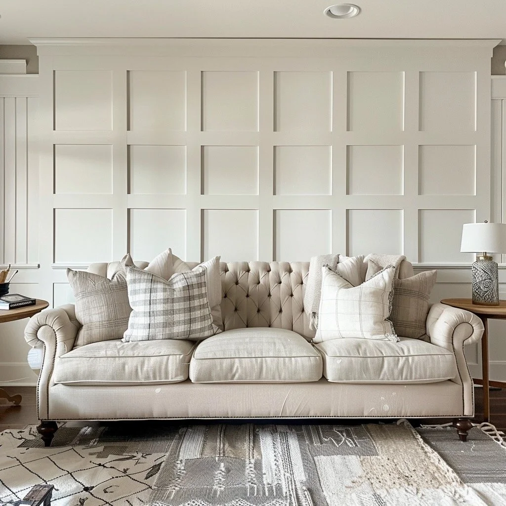 A beige tufted sofa with plaid and solid pillow cushions in a living room, with a side table with a lamp on the right, and a patterned area rug in front.