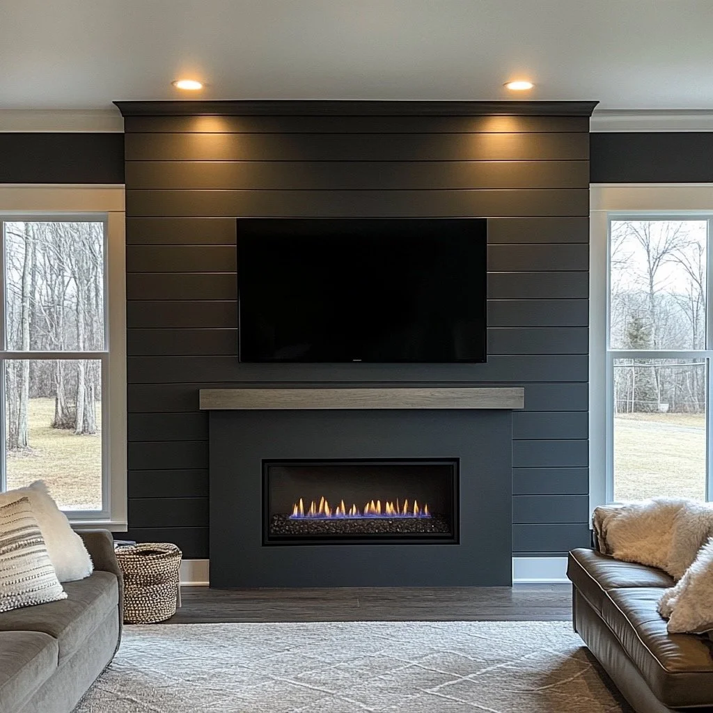 Living room with dark gray paneled accent wall, wall-mounted TV, modern fireplace, two windows showing outdoor trees, gray sofa with pillows, and a beige rug.