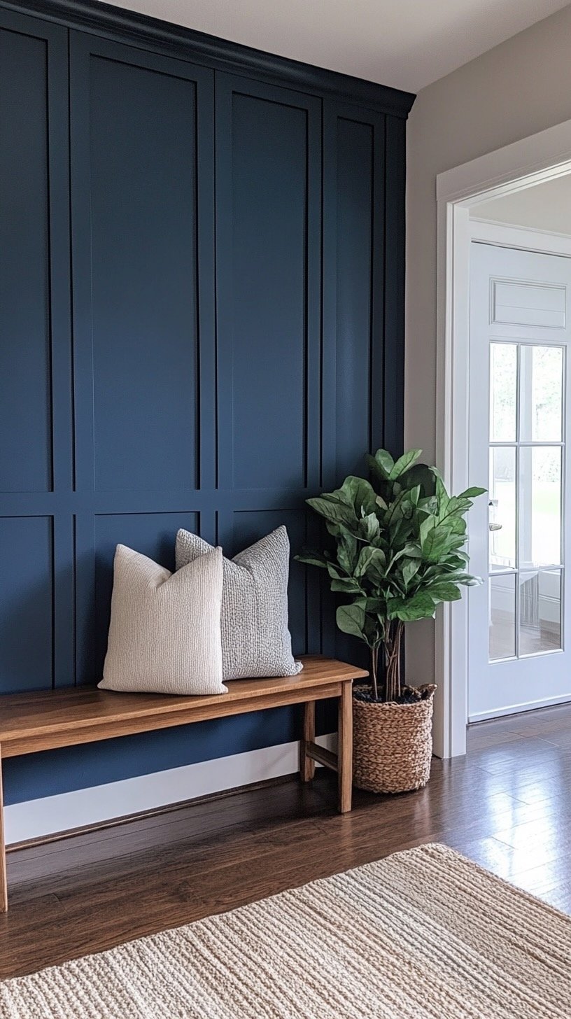 Interior living space with dark blue paneled wall, wooden bench with white and gray pillows, potted green plant, glass-paneled door, beige rug, and hardwood flooring.