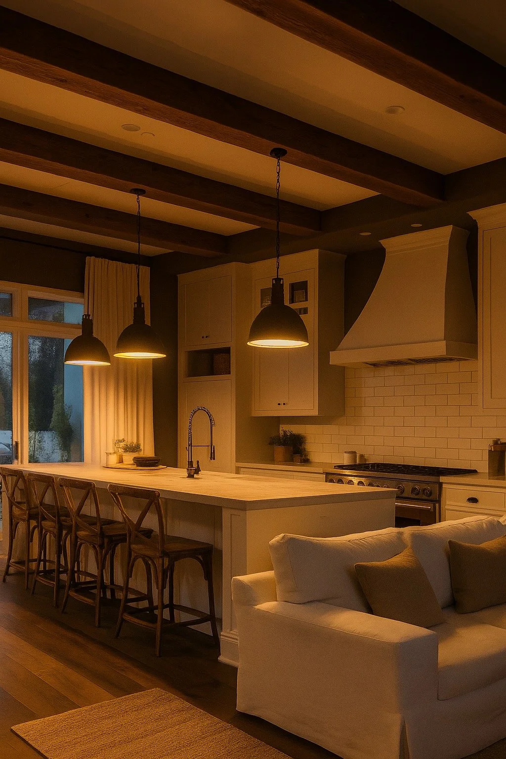 A warm, cozy kitchen with white cabinets, a white kitchen island with barstools, a stove, and a large window with curtains. There are three hanging pendant lights above the island, and a white sofa with pillows in the foreground.