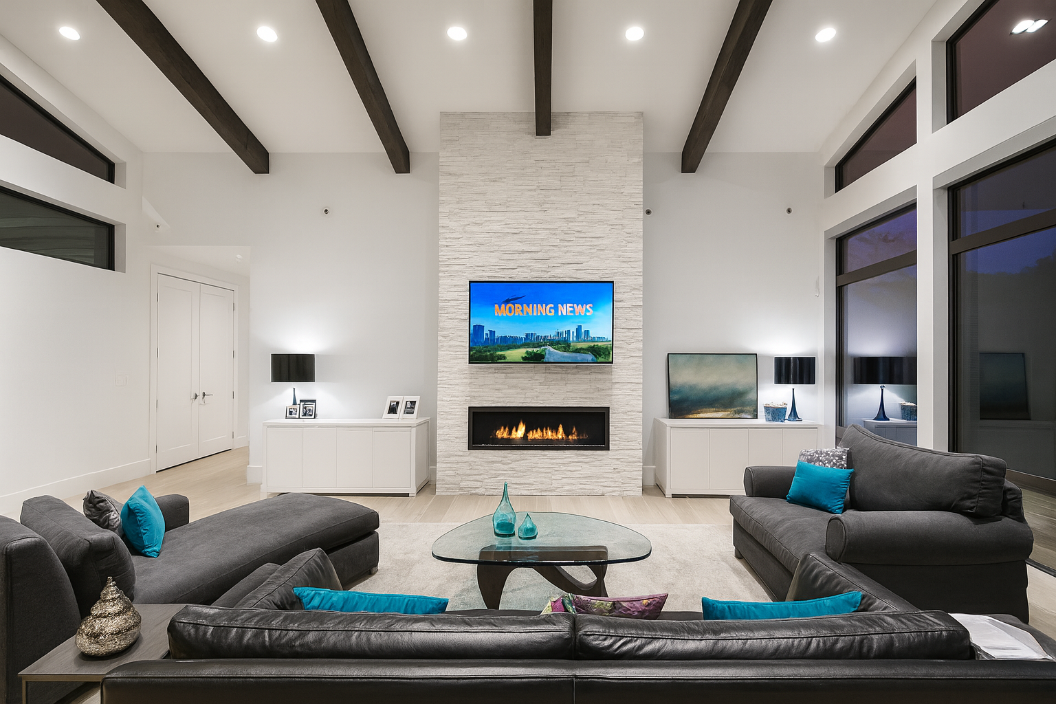 Modern living room with white walls, dark wood beams on the ceiling, a fireplace beneath a mounted TV, and large windows. There are two dark sofas with teal and purple accent pillows, a glass coffee table with decor vases, and sideboards with black lamps and framed photos.