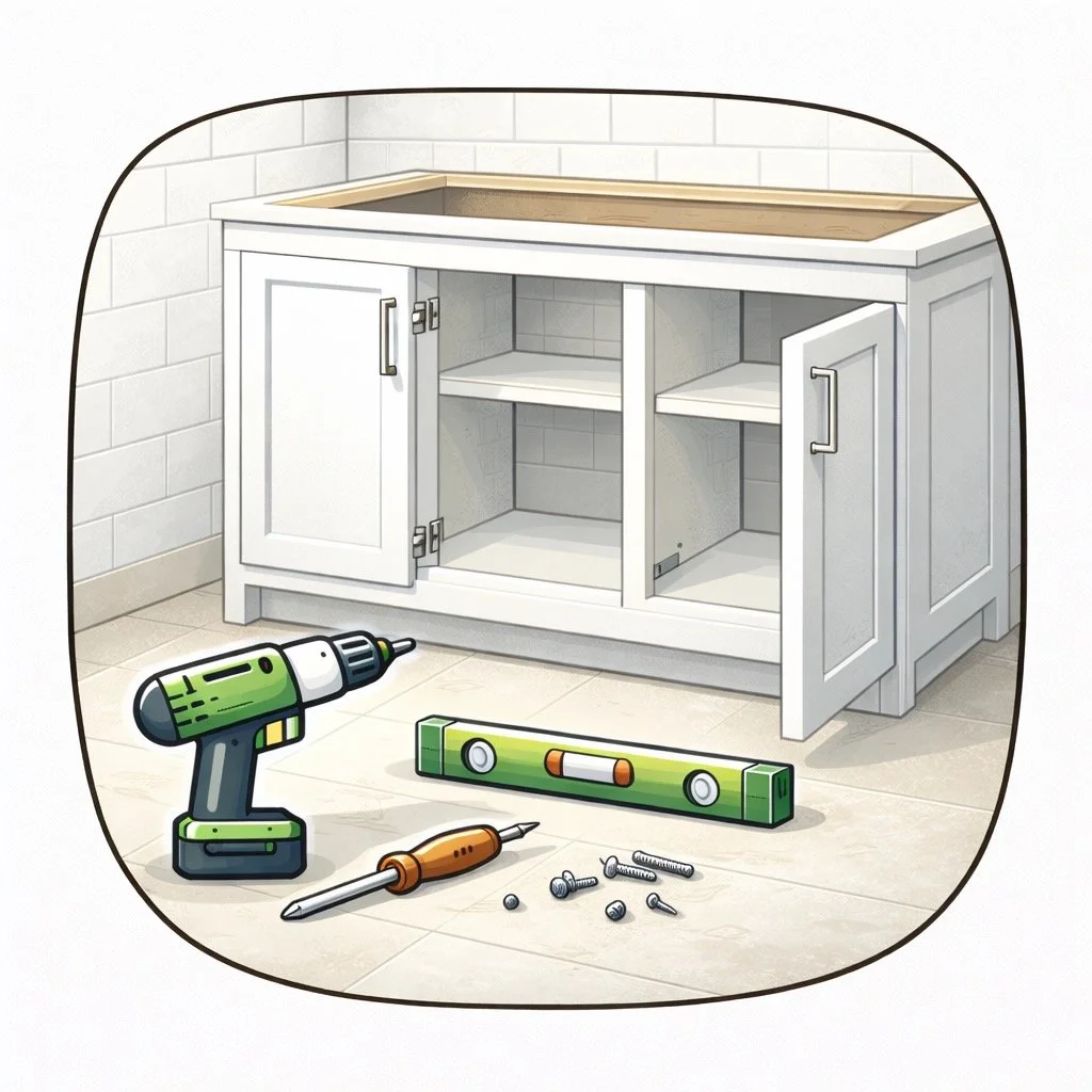 Illustration of a partially assembled white kitchen cabinet with tools and screws on the floor, including a cordless drill, level, screwdriver, and screws.