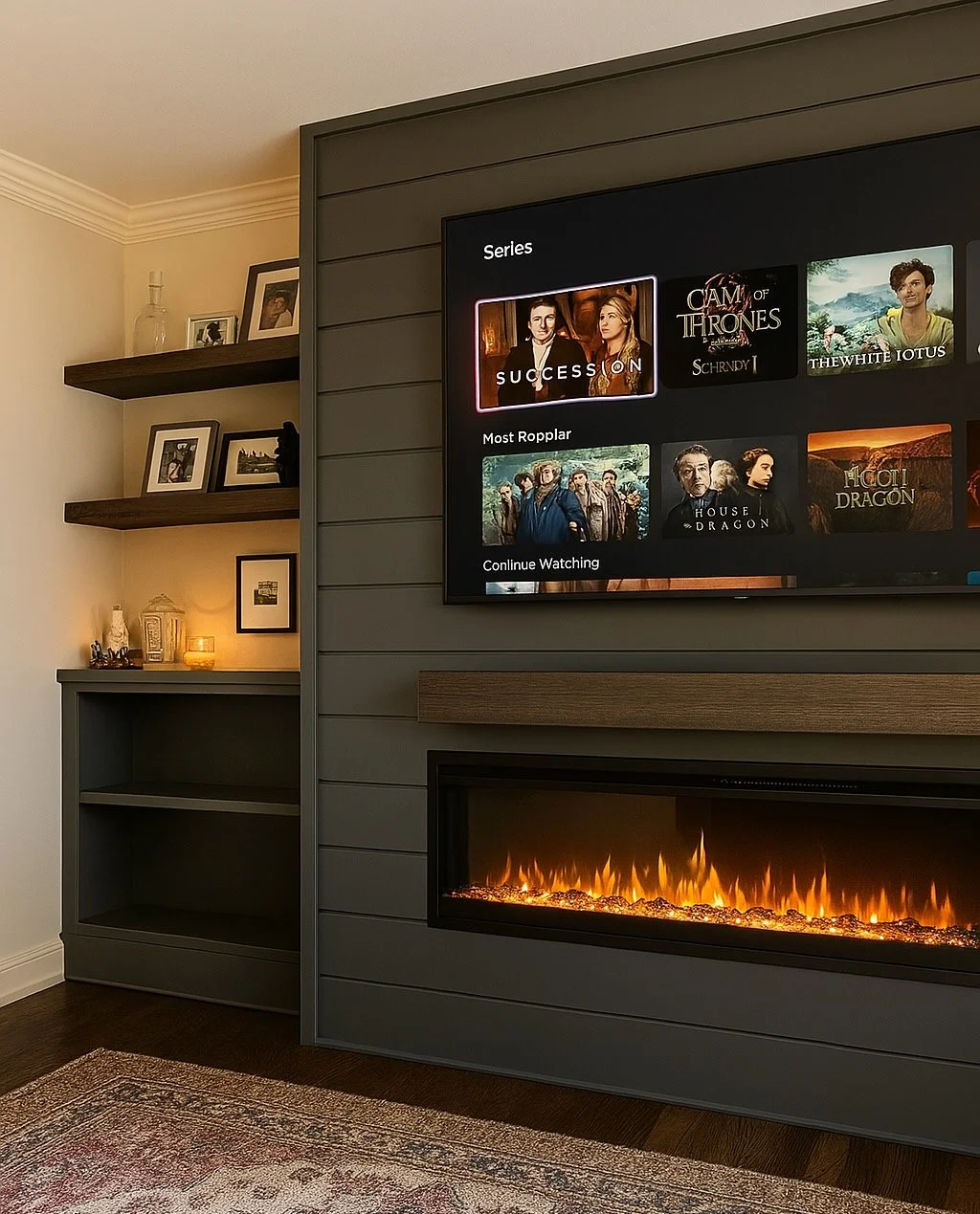 Living room with a wall-mounted television displaying a streaming service menu, a modern electric fireplace underneath, a dark gray wall panel, a beige wall with wooden shelves holding framed photos and decorative items, a small cabinet with candles,