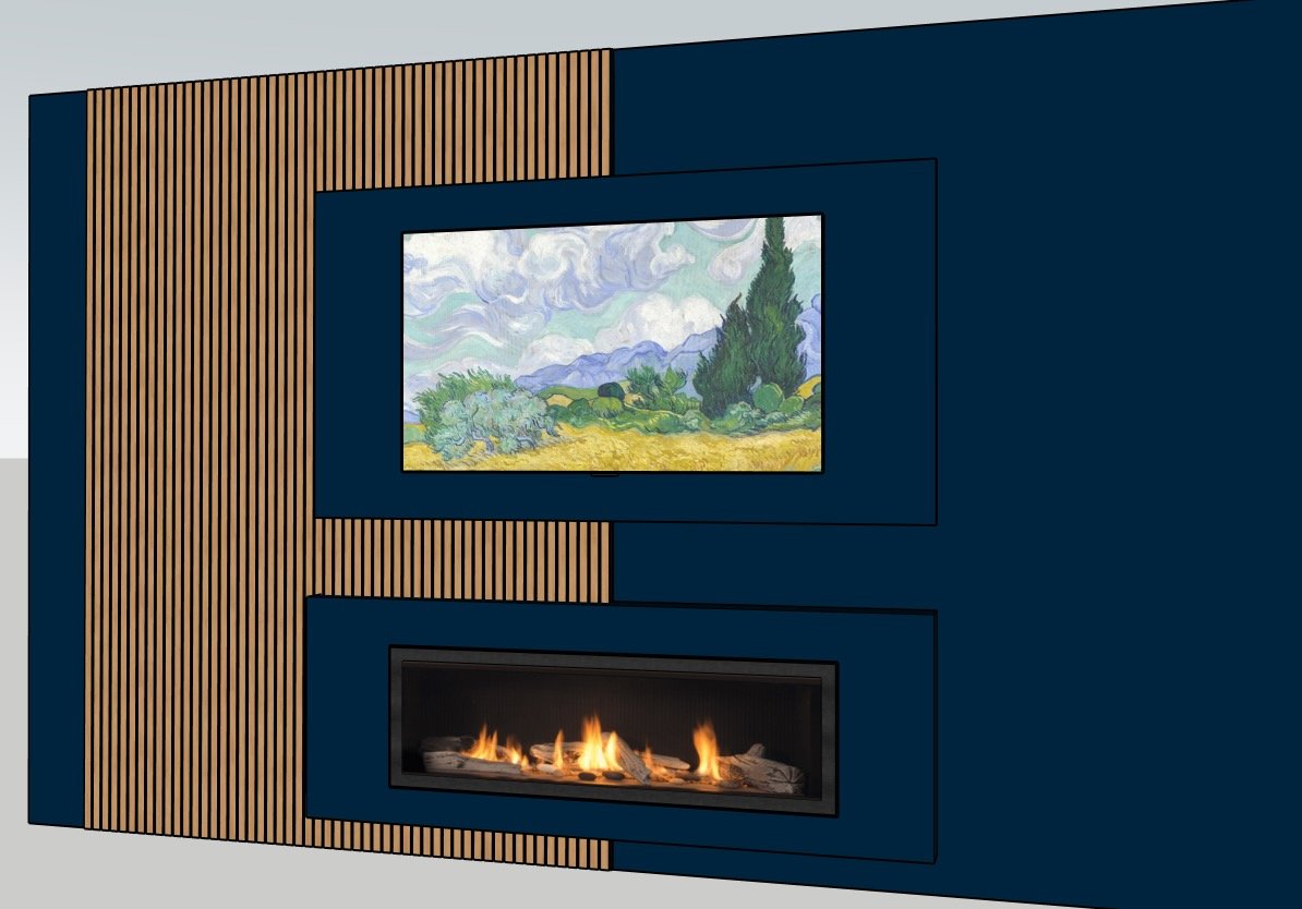 Digital illustration of a modern interior wall with a landscape painting and a fireplace below it, set against dark blue and wooden paneling.