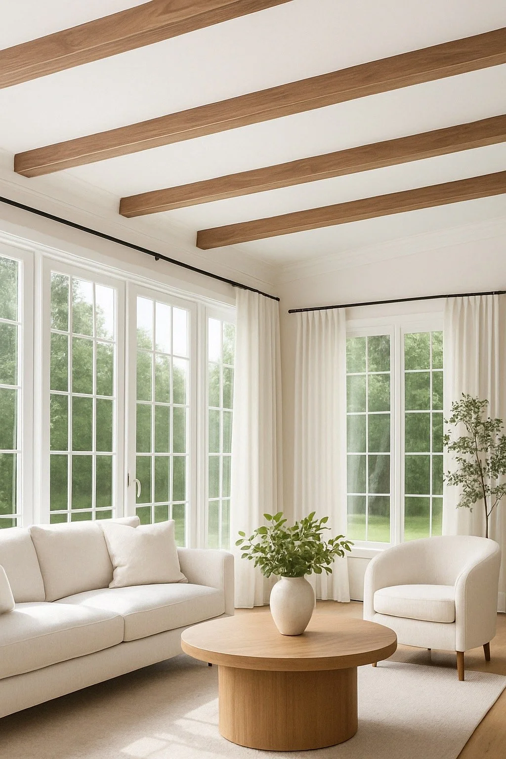 Living room with a white sofa and armchair, round wooden coffee table with a potted plant, large windows with white curtains, and a ceiling with wooden beams.