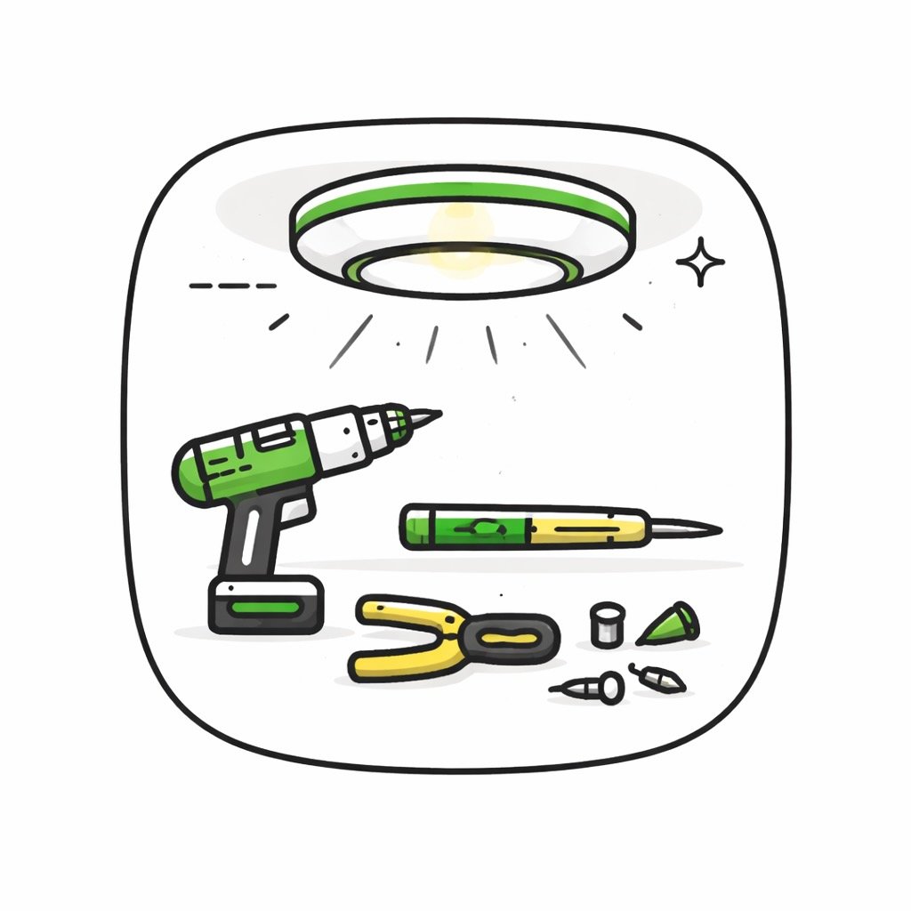 Tools for assembling or repairing, including a cordless drill, a screwdriver, a pair of pliers, batteries, a tube of glue, and small screwdriver bits, arranged on a surface with a ceiling light overhead.