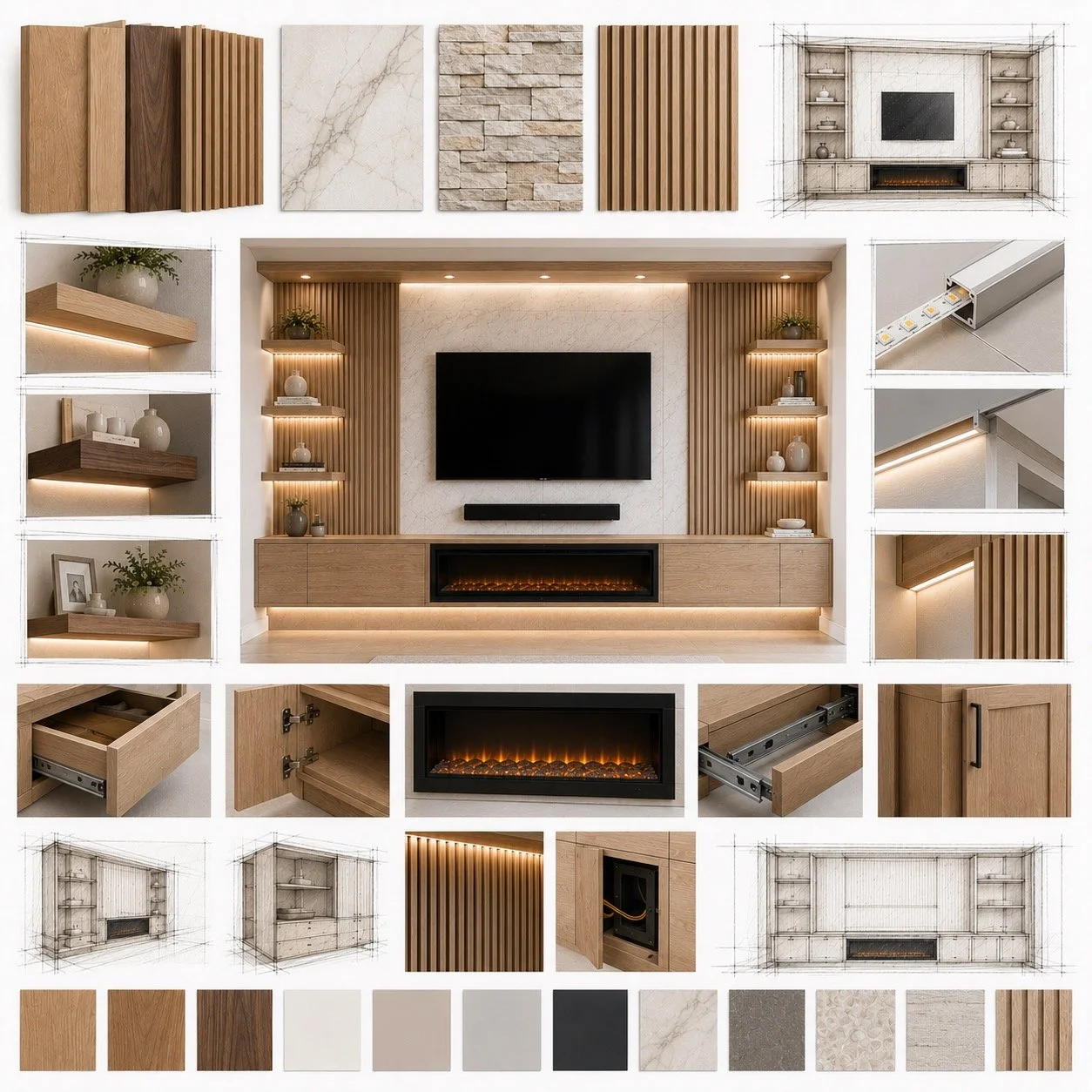 Premium media wall upgrades including white oak cabinetry, decorative wood slats, porcelain panels, LED lighting, floating shelves, and electric fireplace options