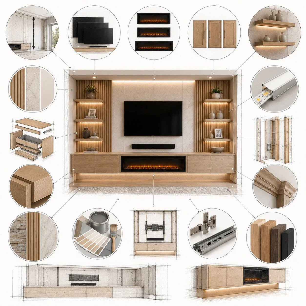 Architectural concept illustrating the main factors affecting custom media wall pricing including TV size, fireplace, cabinetry, LED lighting, and premium materials